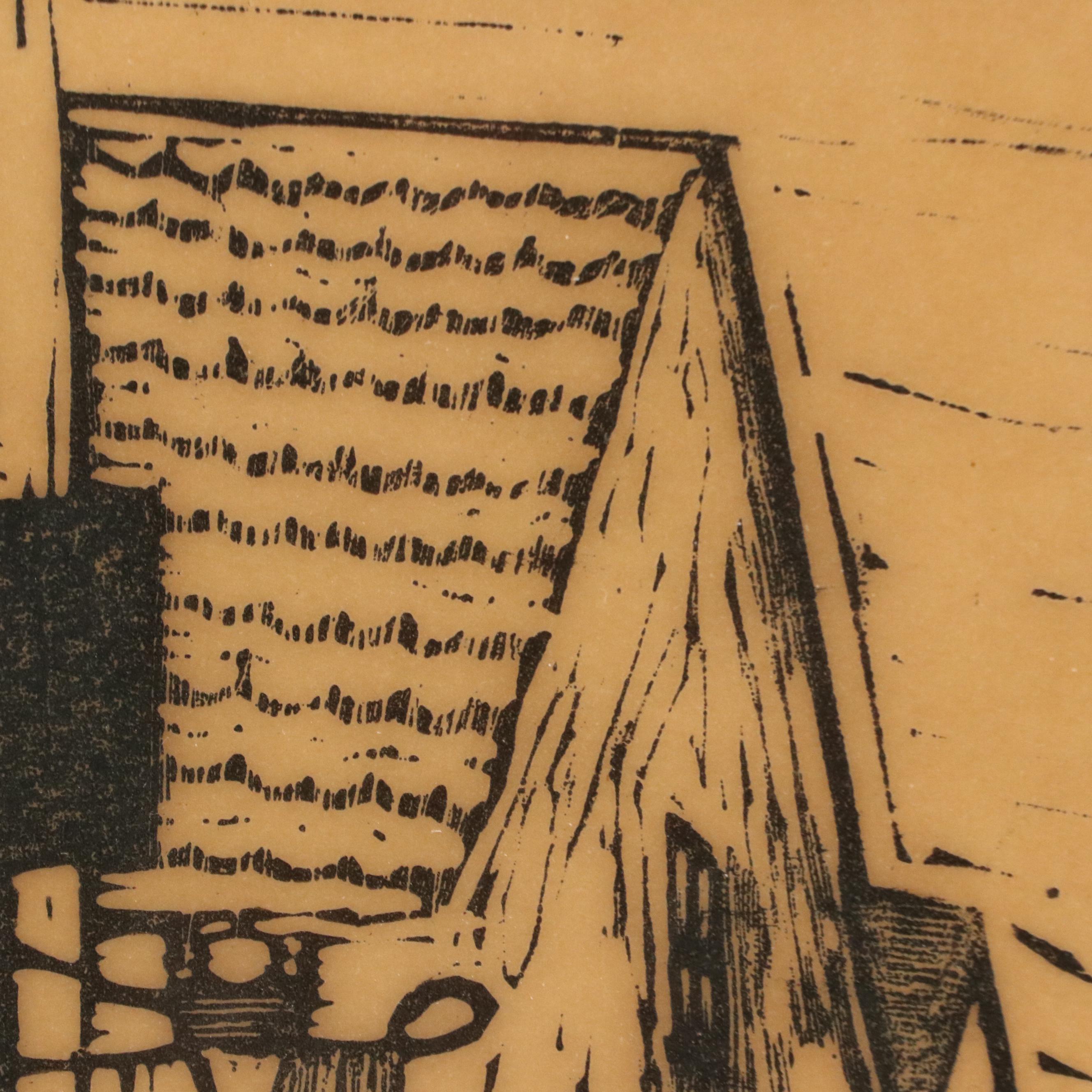 Woodcut Depicting Old World Street Scene, Circa 1974