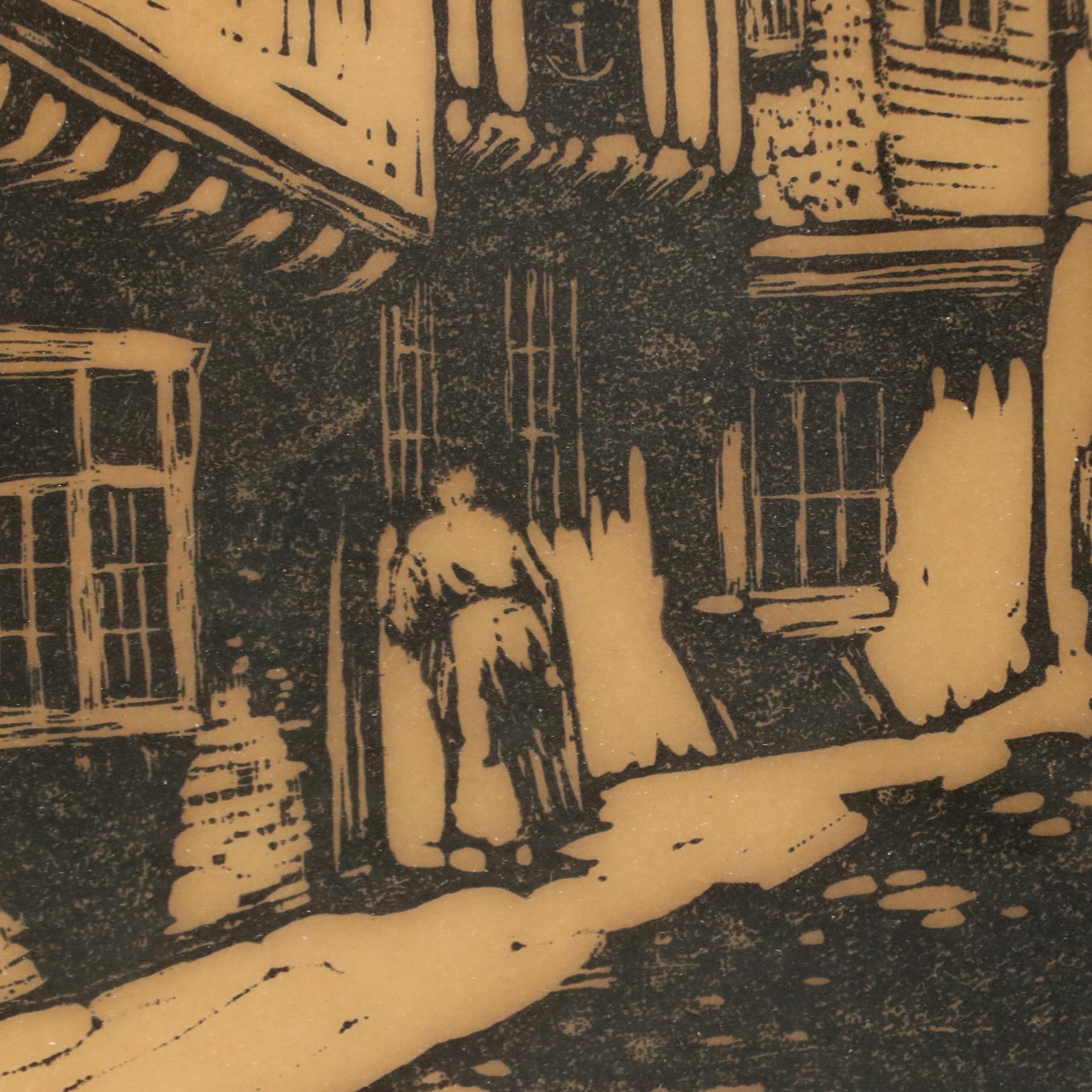 Woodcut Depicting Old World Street Scene, Circa 1974
