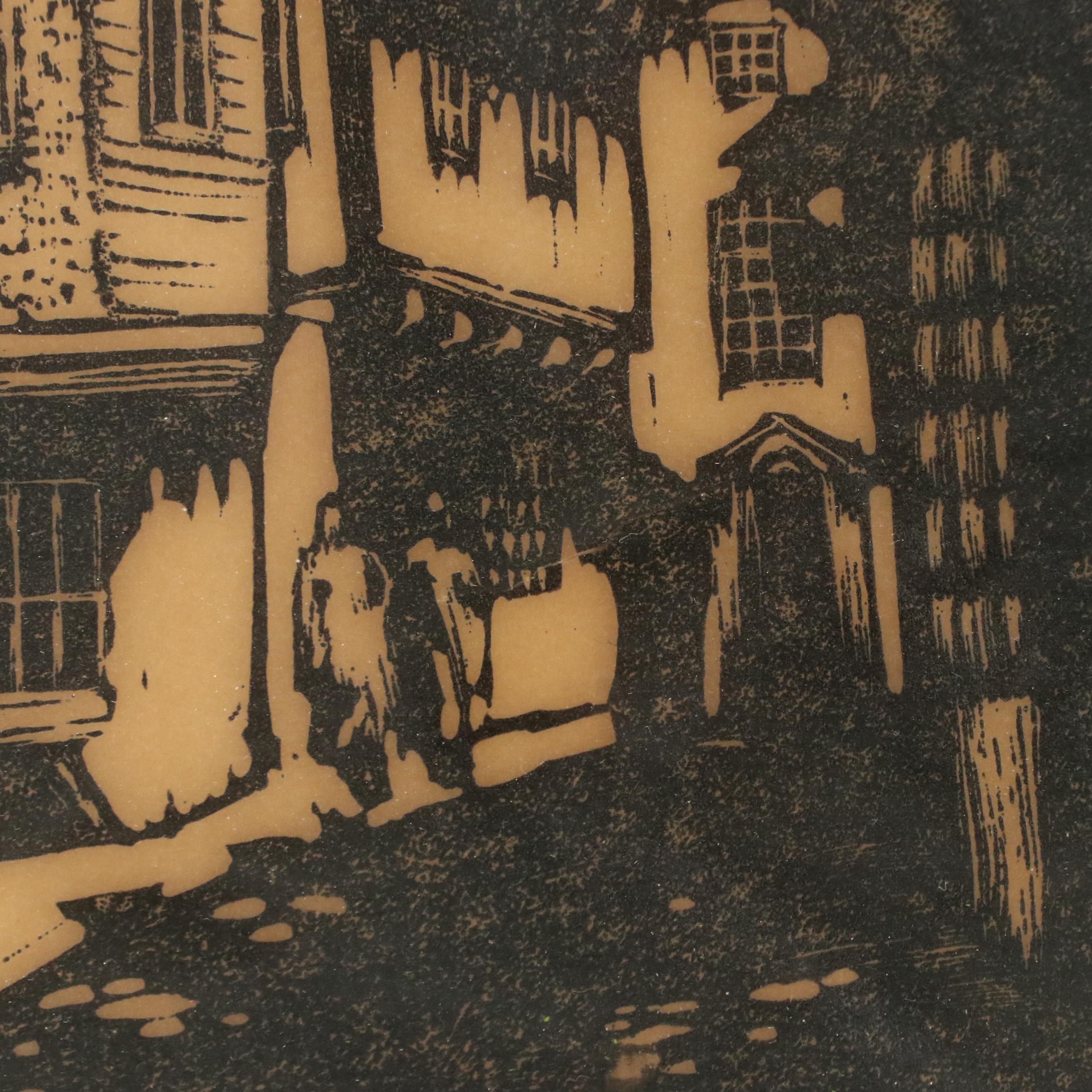 Woodcut Depicting Old World Street Scene, Circa 1974