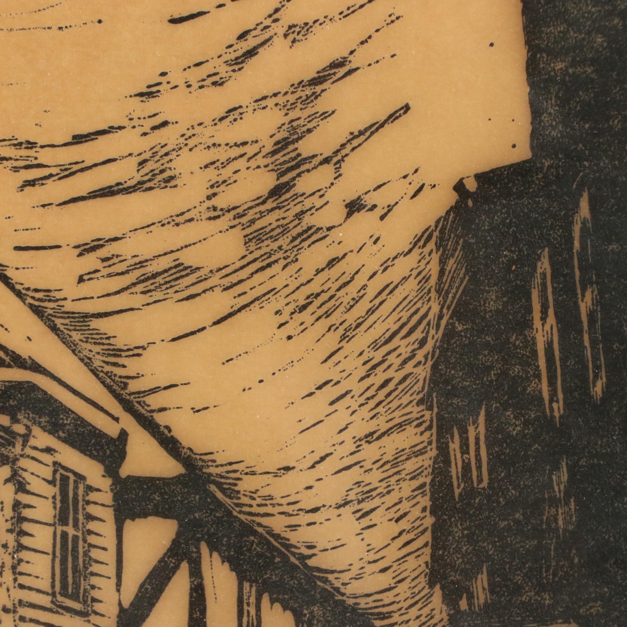 Woodcut Depicting Old World Street Scene, Circa 1974