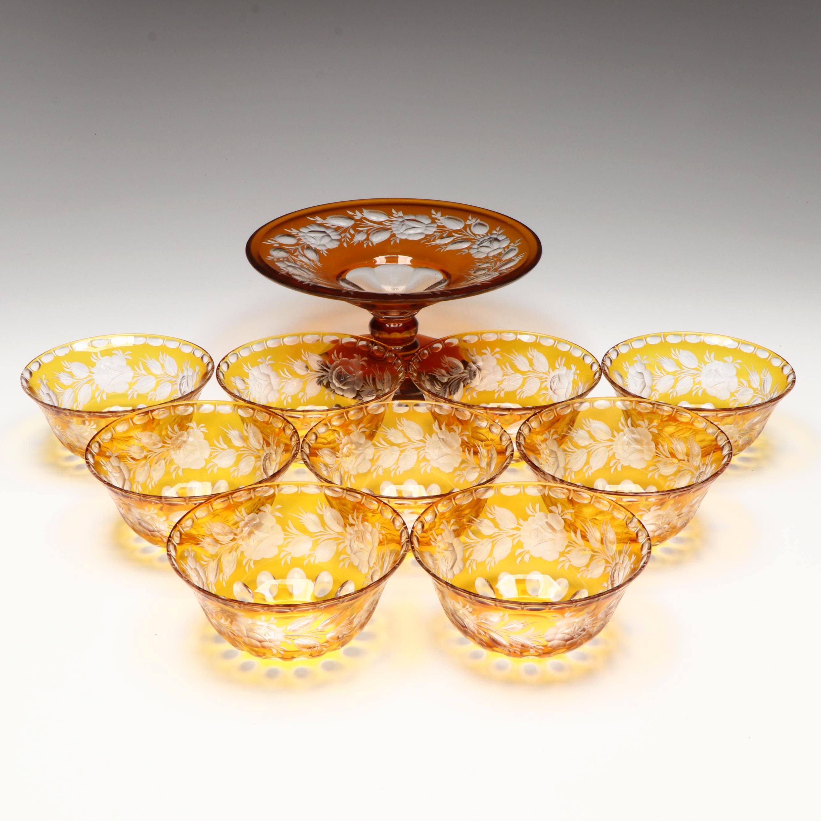 Bohmemian Style Topaz Cut to Clear Dessert Bowls and Compote
