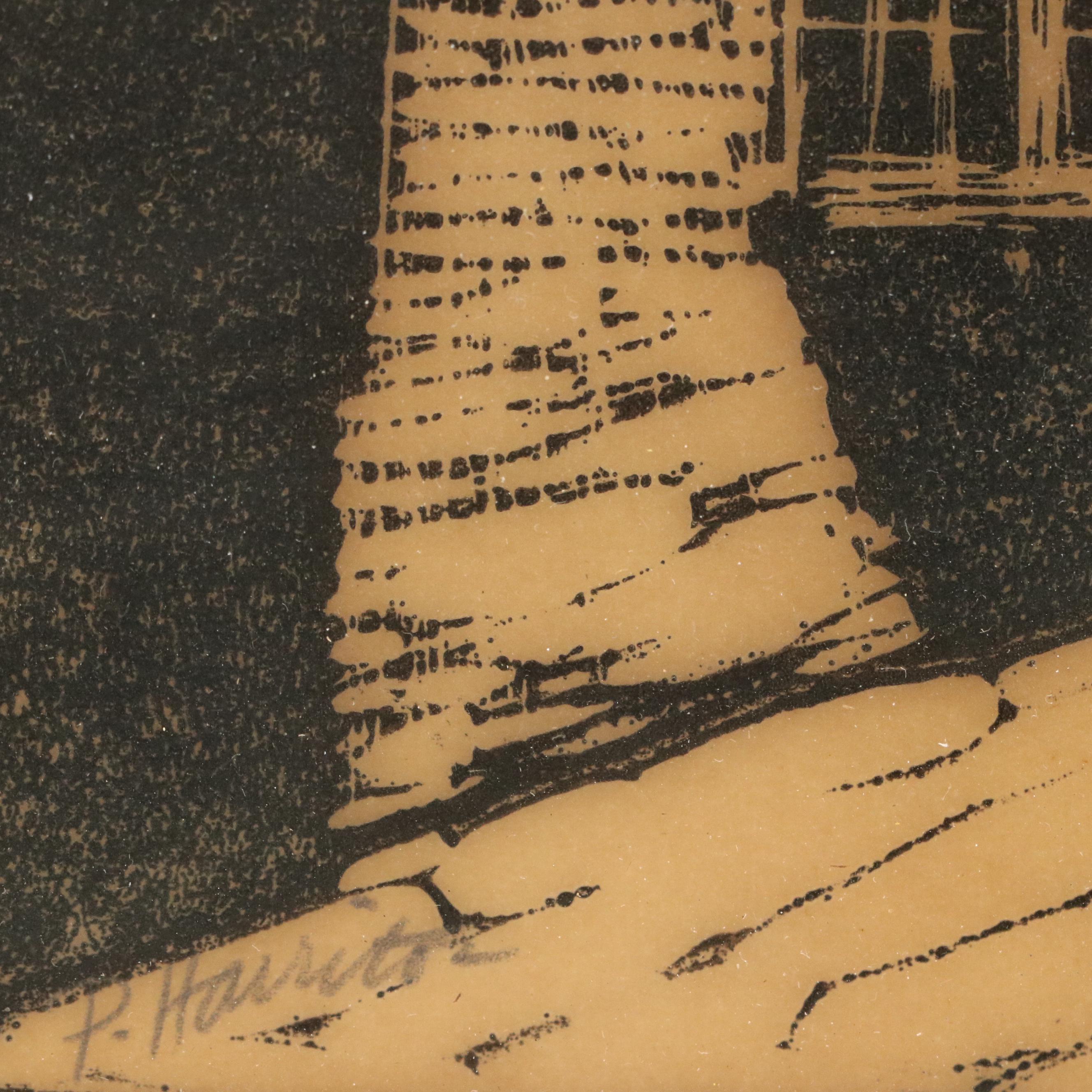 Woodcut Depicting Old World Street Scene, Circa 1974