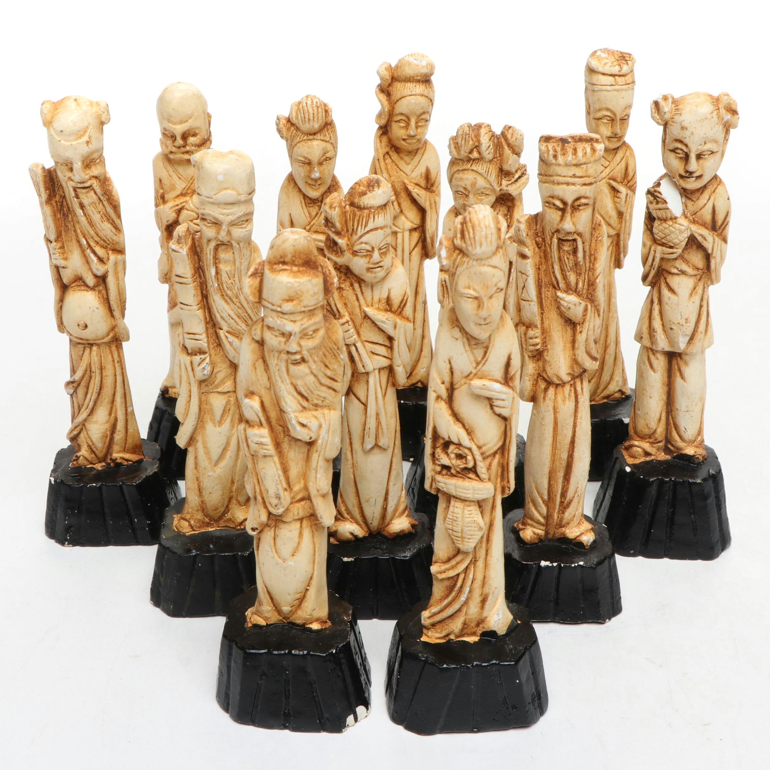 Chinese Distressed Bone Finish Deity and Elder Figurines