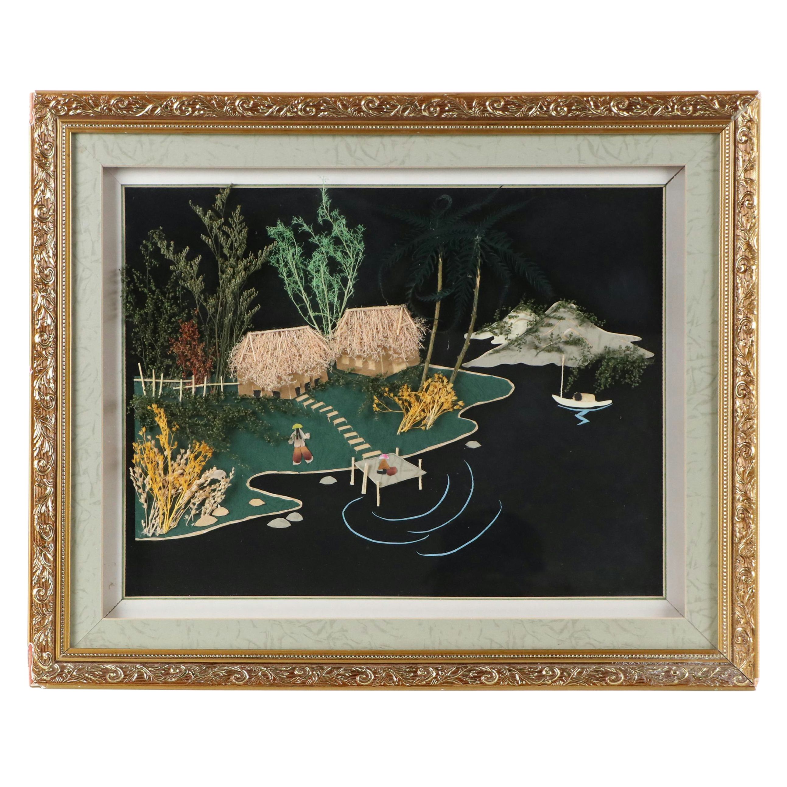 Mixed Media Shadowbox of Southeast Asian Landscape, Late 20th Century