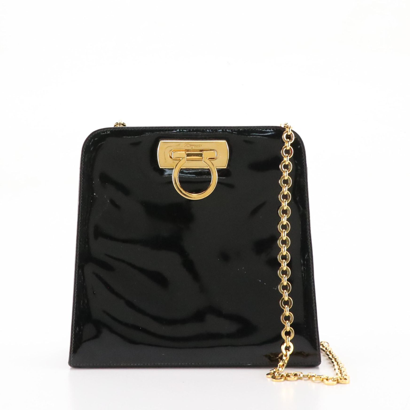 Salvatore Ferragamo Black Patent Leather Gancini Closure Chain Link Crossbody