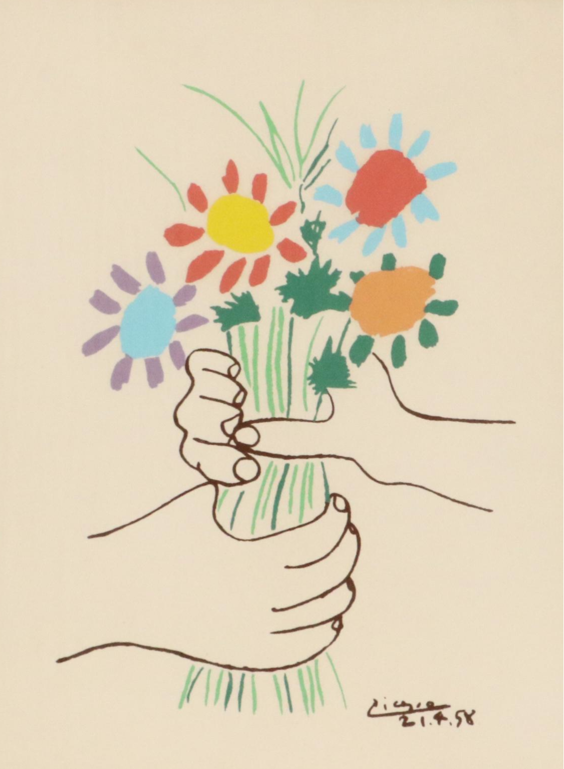 After Pablo Picasso Screenprint "Fleurs en Main," Circa 1960