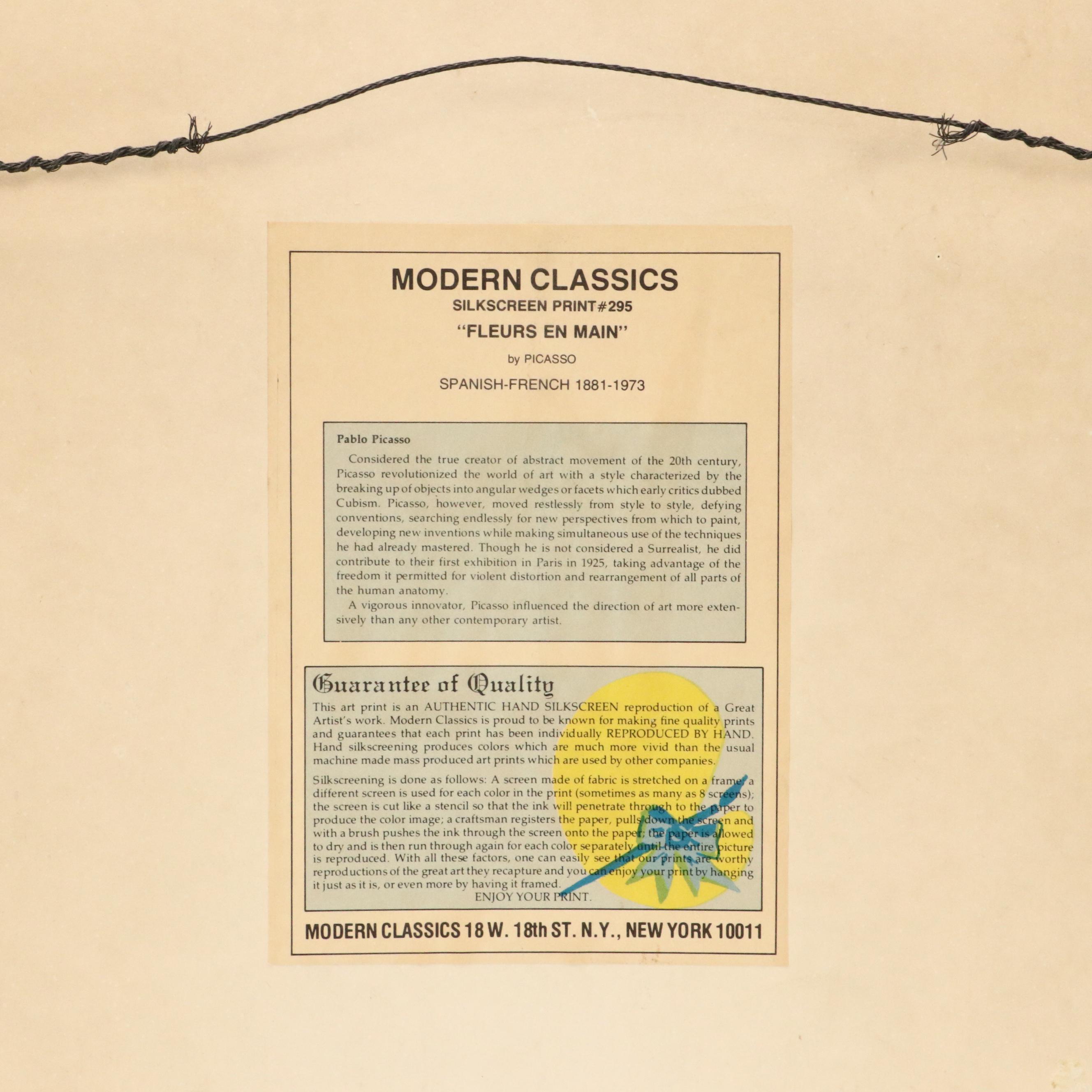 After Pablo Picasso Screenprint "Fleurs en Main," Circa 1960