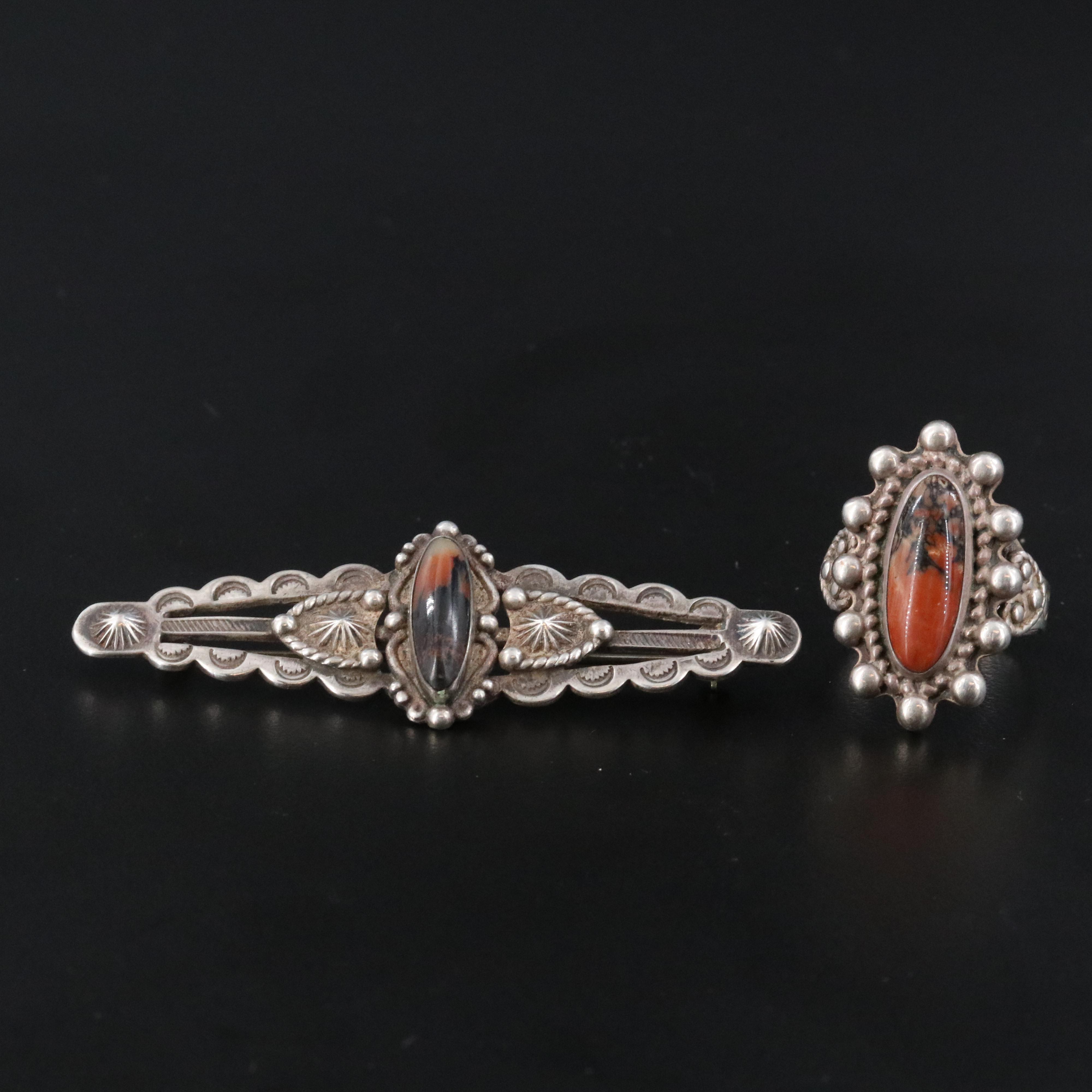 Vintage Western Style Sterling Agate Pin and Ring