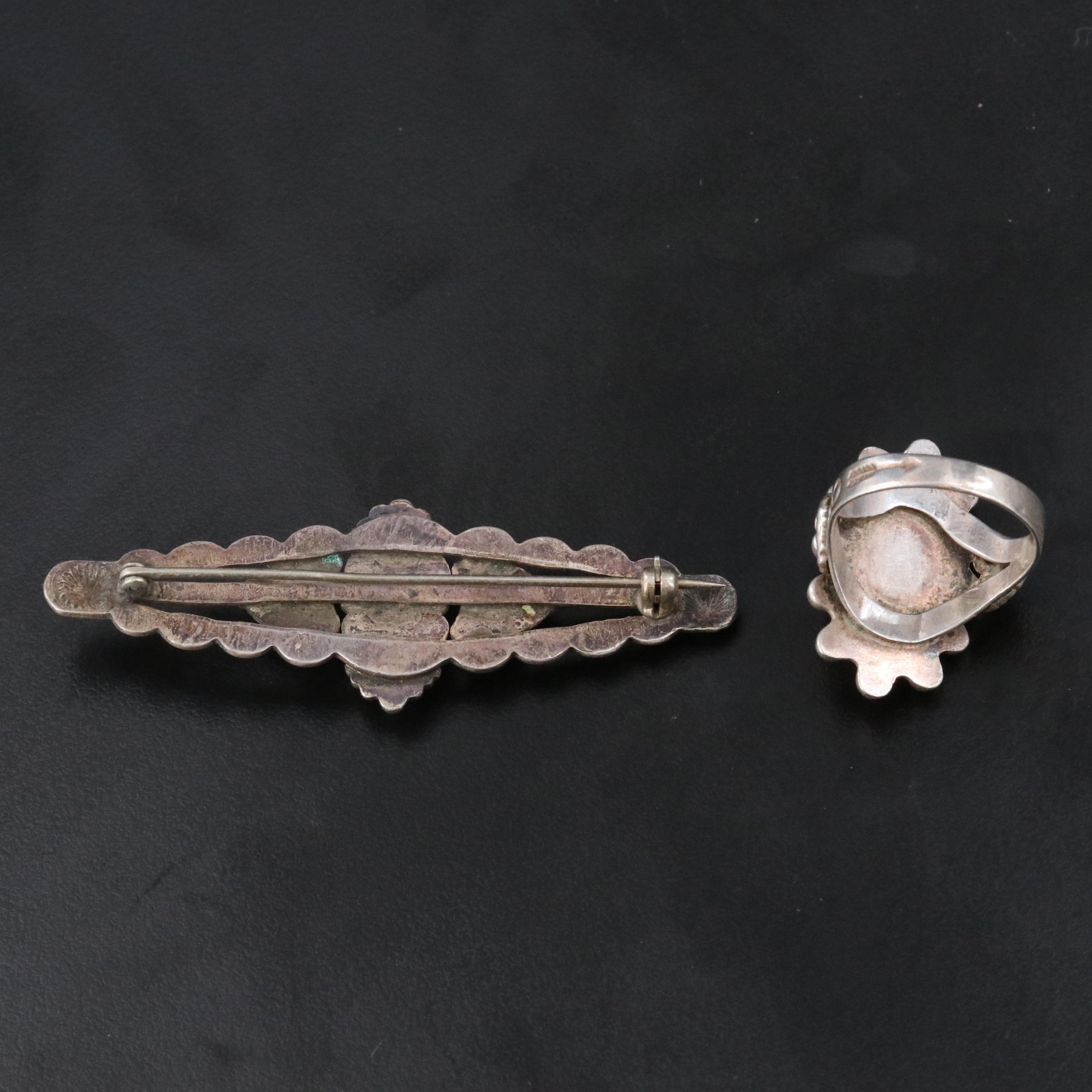 Vintage Western Style Sterling Agate Pin and Ring