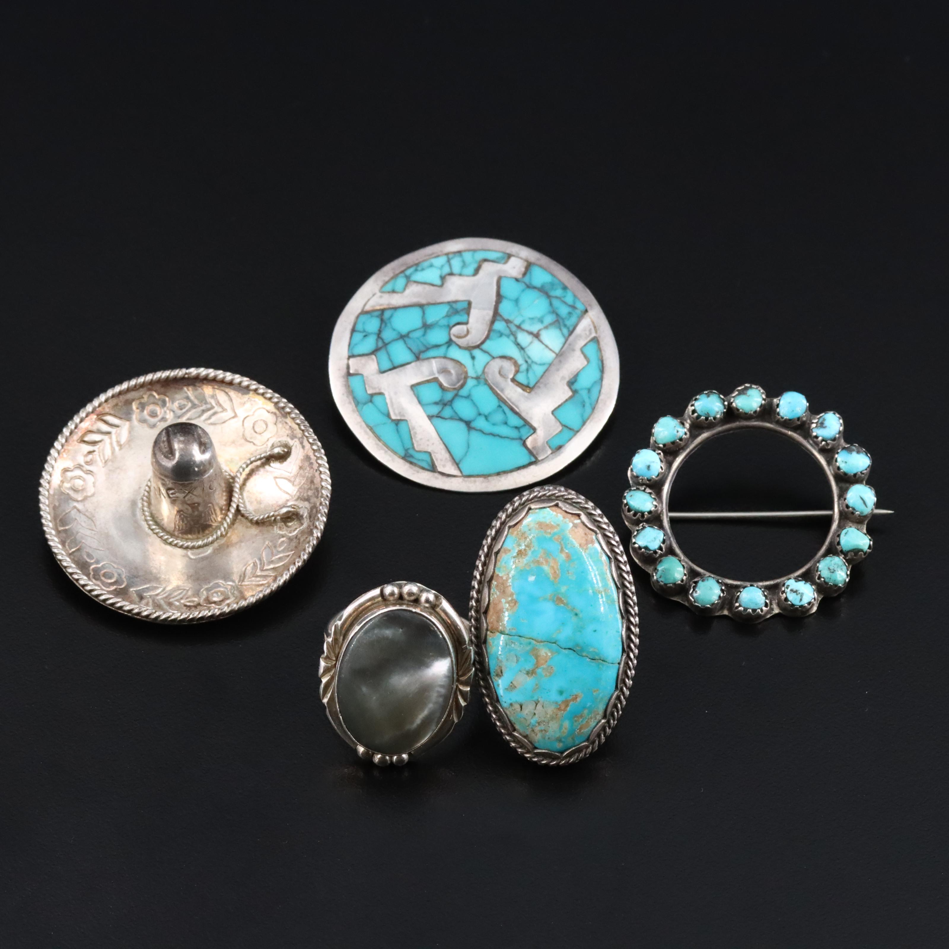 Southwestern and Mexican Sterling Brooches and Rings Including Turquoise