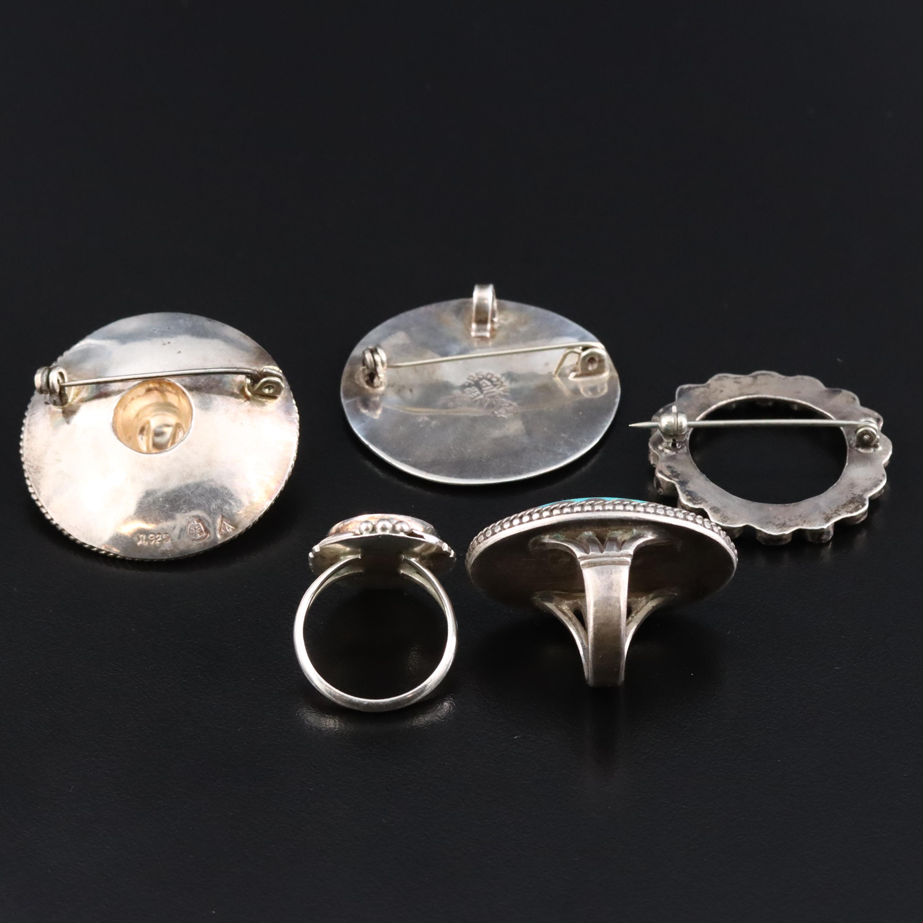Southwestern and Mexican Sterling Brooches and Rings Including Turquoise