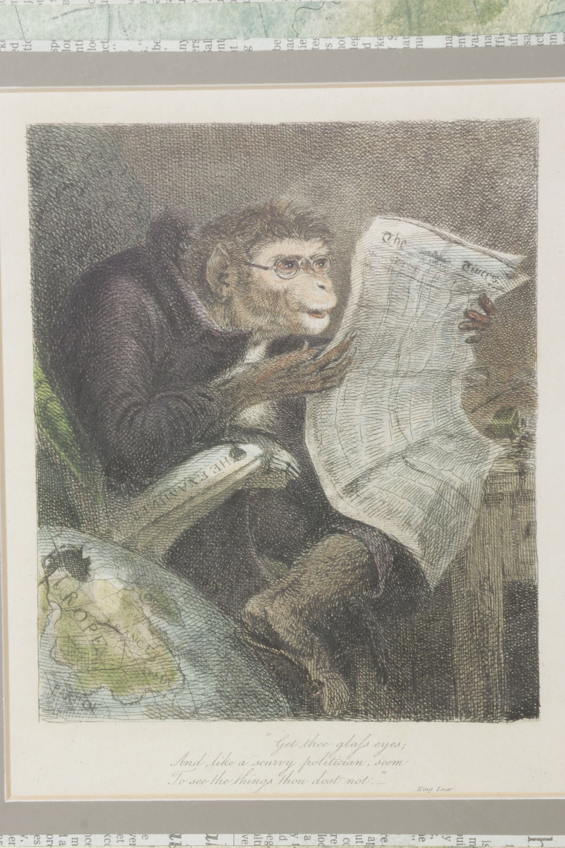 Bombay Company Offset Lithograph of Studious Monkey Reading a Newspaper