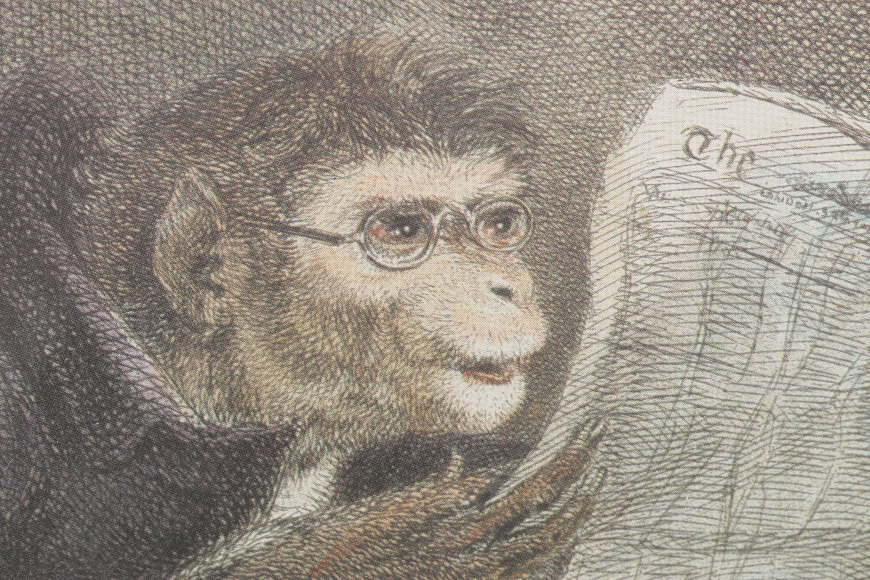 Bombay Company Offset Lithograph of Studious Monkey Reading a Newspaper