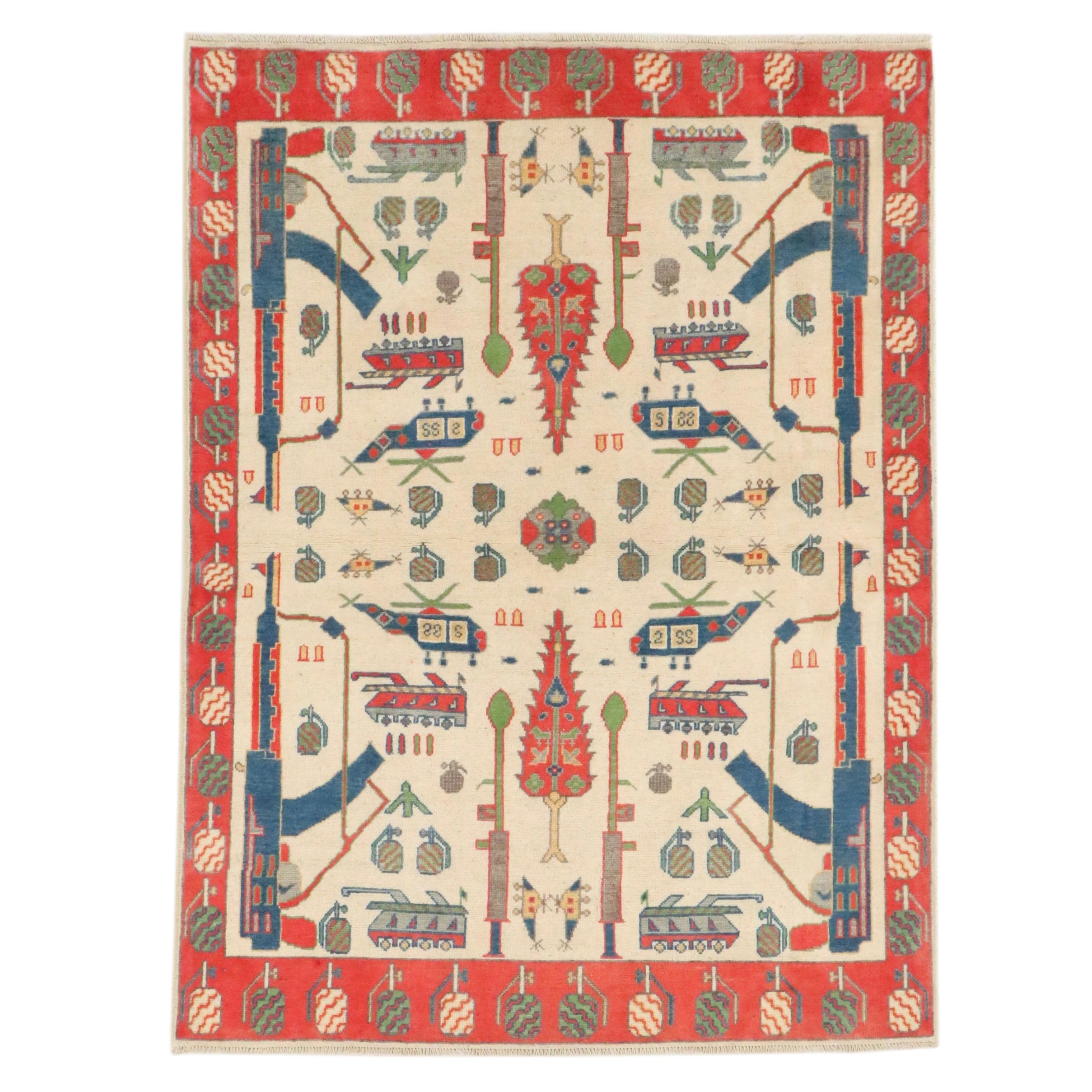 4'10 x 6'6 Hand-Knotted Afghan Pictorial War Area Rug