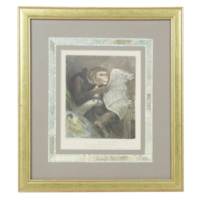 Bombay Company Offset Lithograph of Studious Monkey Reading a Newspaper Bombay Company Offset Lithograph of Studious Monkey Reading a Newspaper