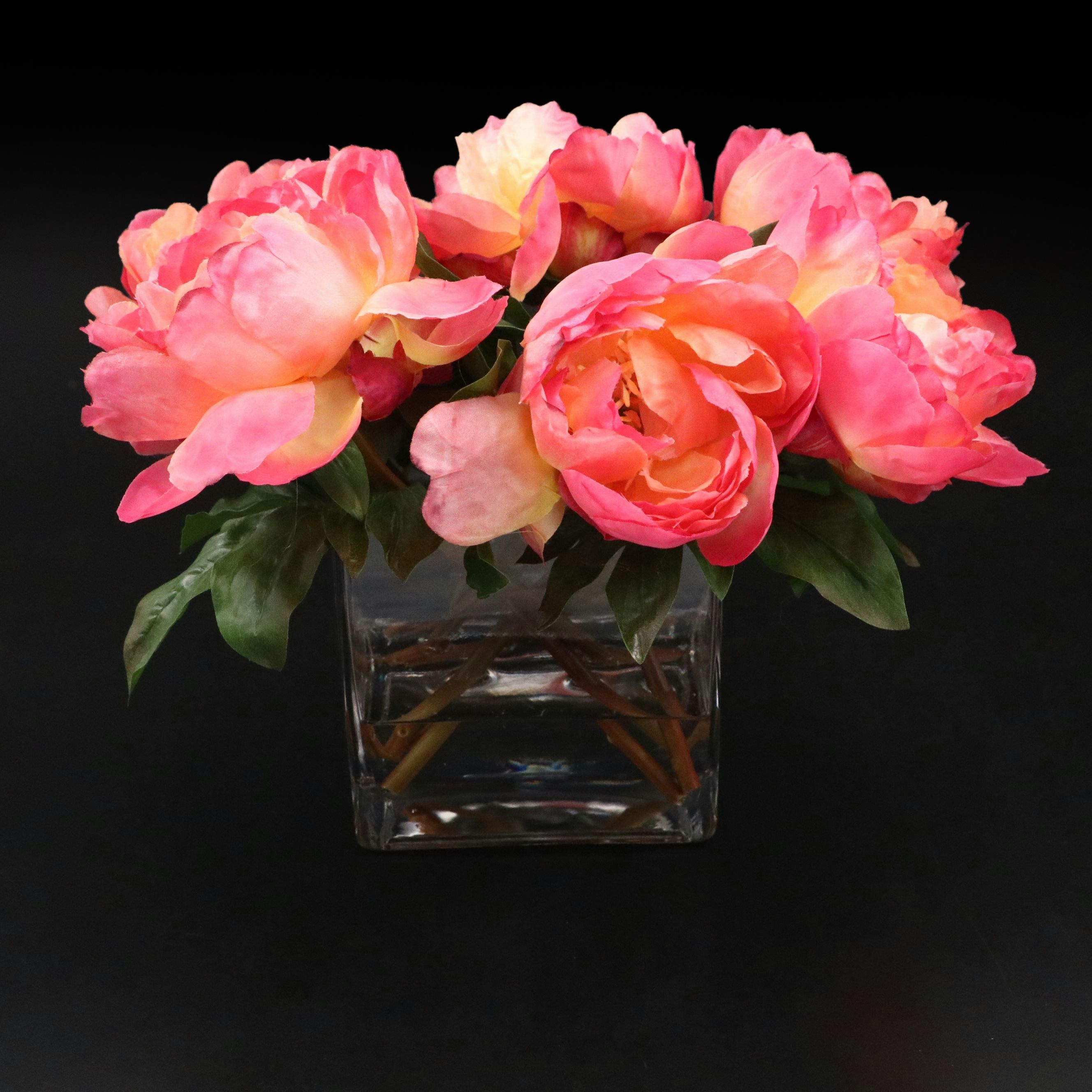 Faux Peony Arrangement in Glass Vase