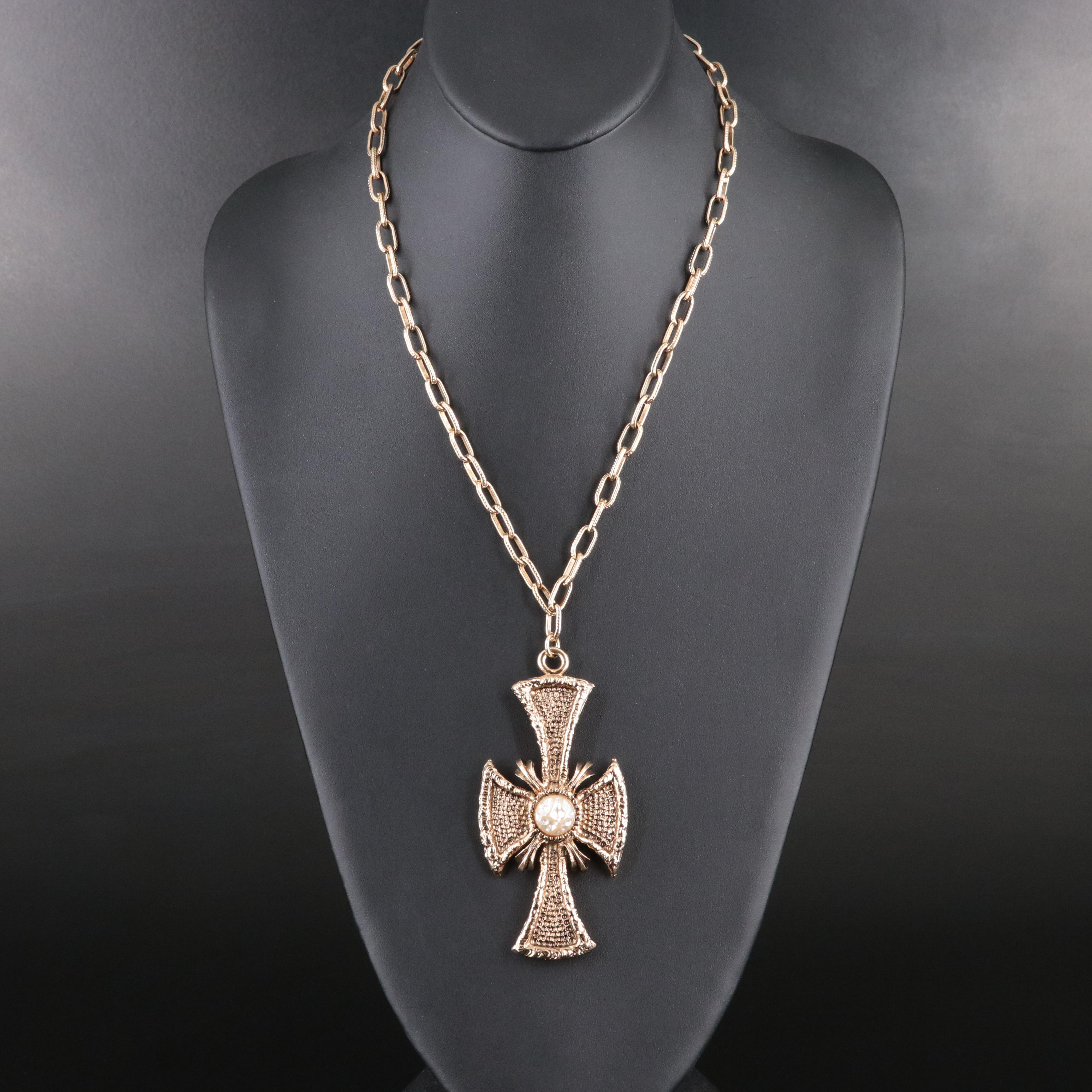 Faux Pearl Cross Pendant Necklace