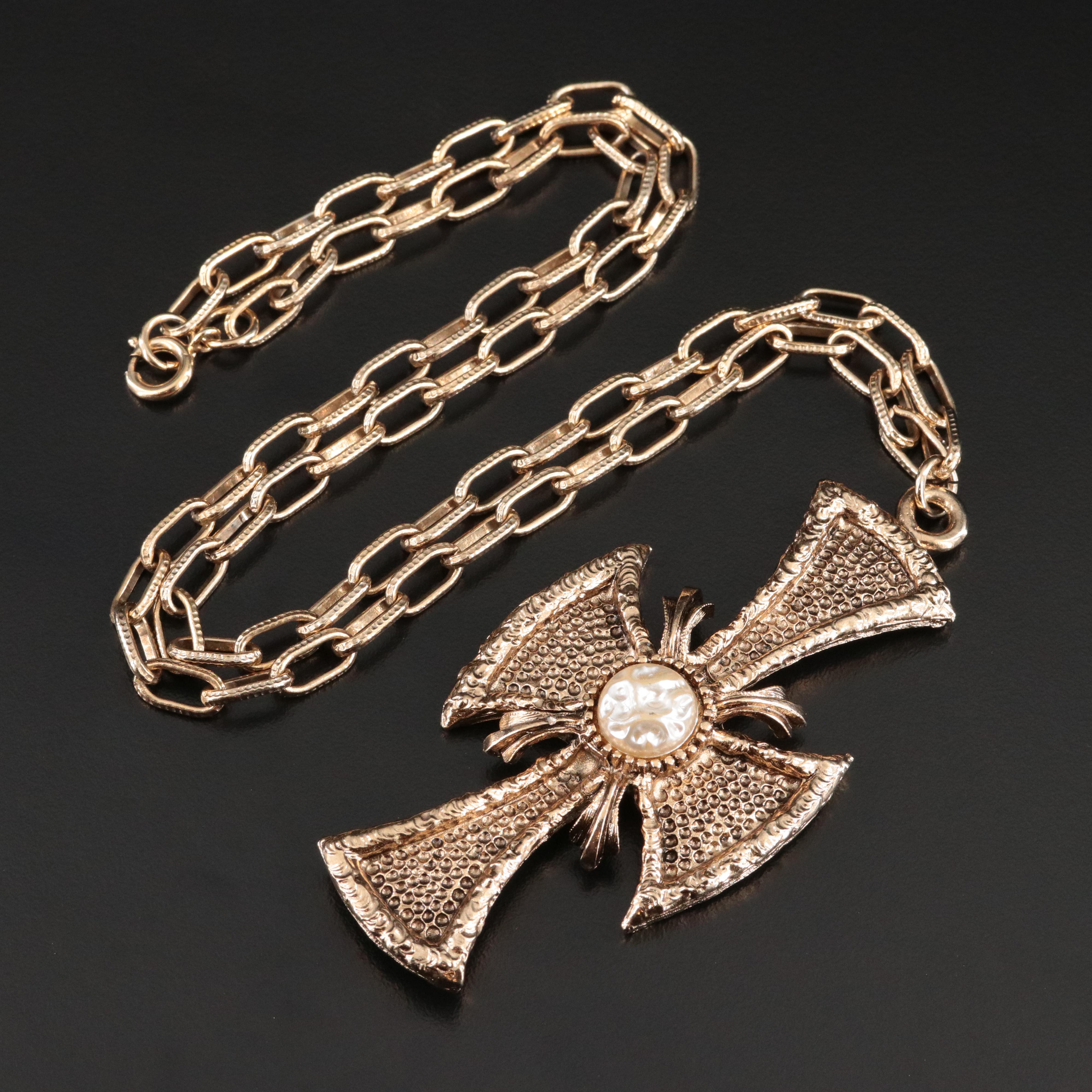 Faux Pearl Cross Pendant Necklace