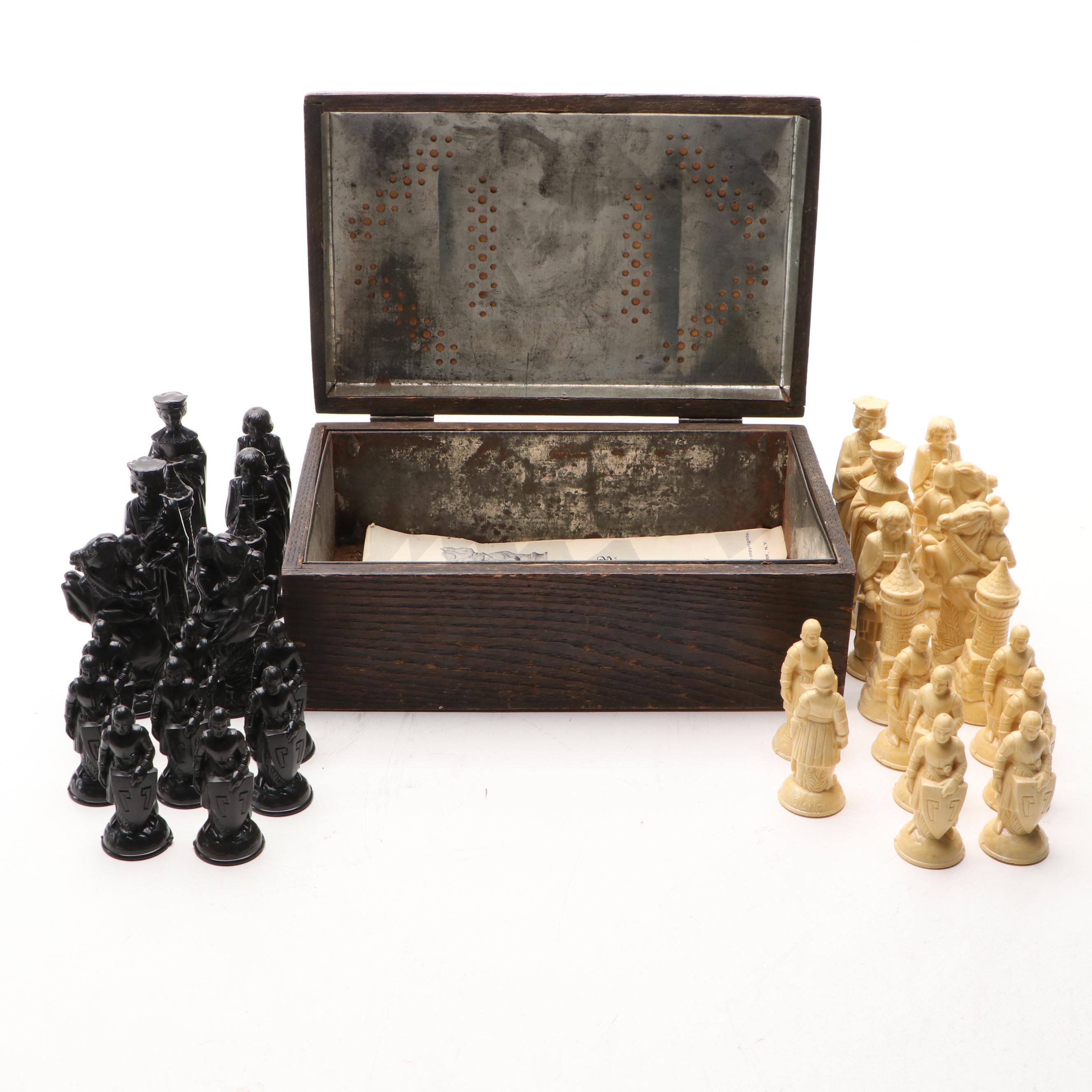 ANRI "Renaissance" Plastic Chess Set with Oak Humidor, Mid to Late 20th C