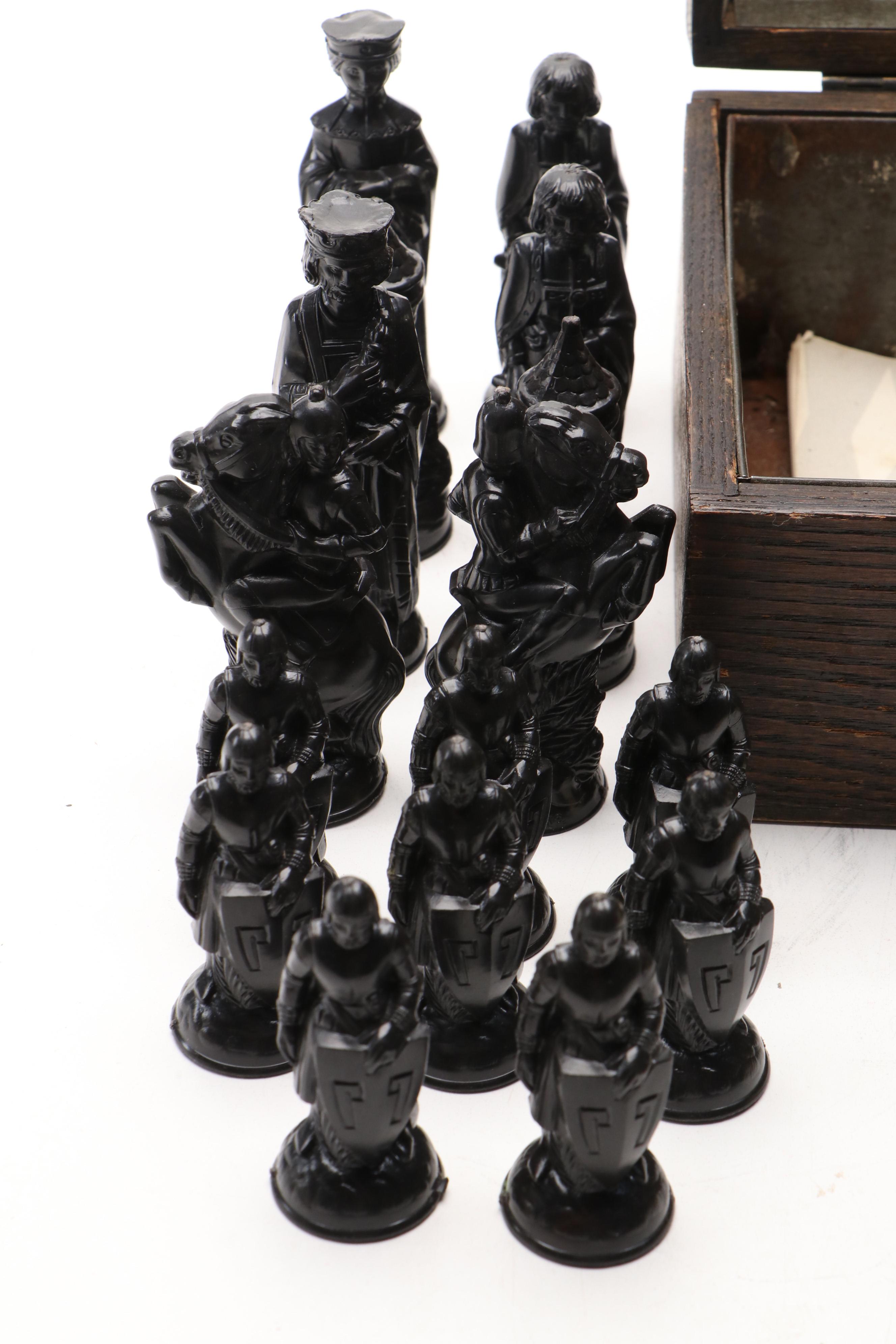 ANRI "Renaissance" Plastic Chess Set with Oak Humidor, Mid to Late 20th C