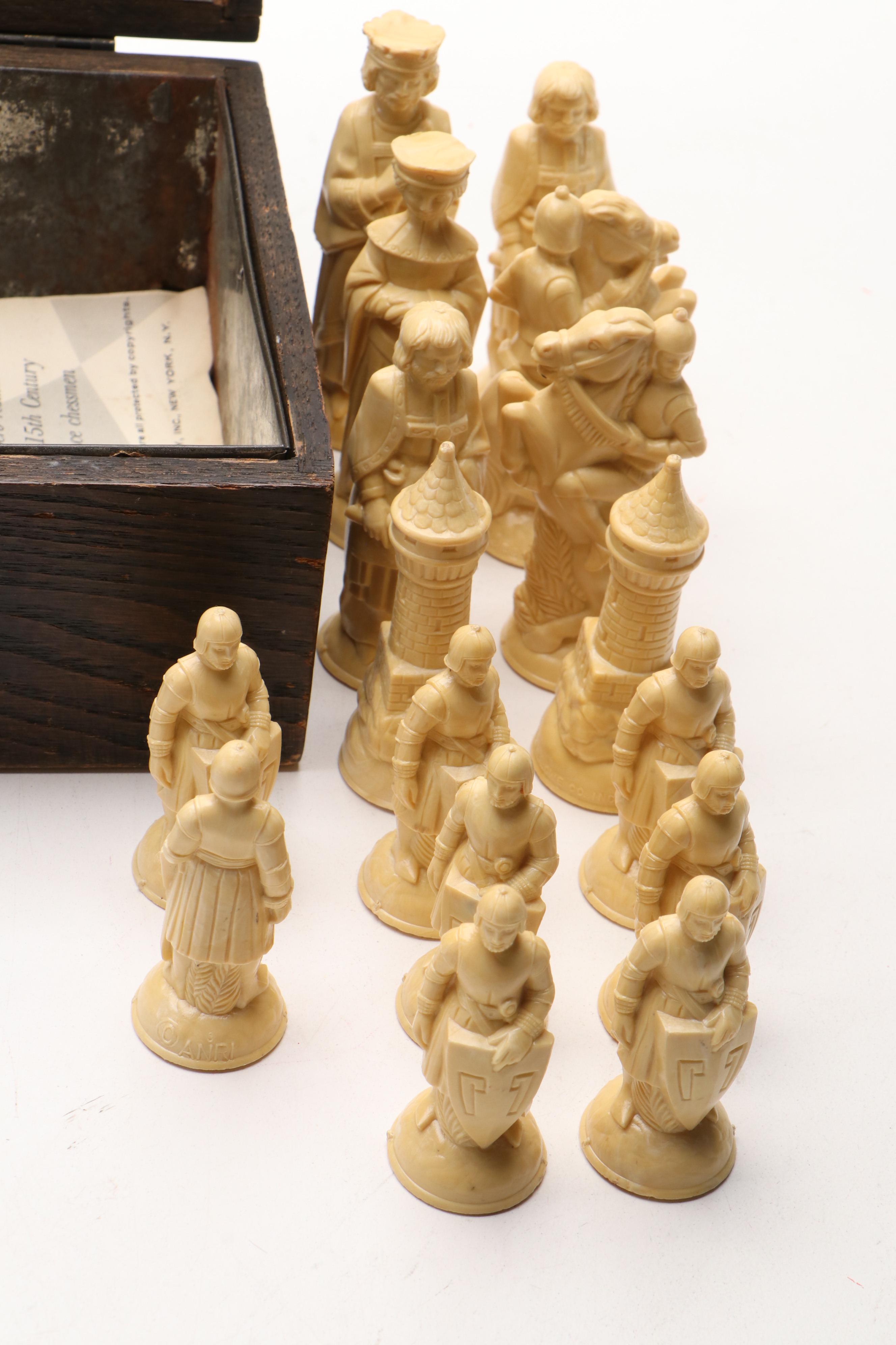 ANRI "Renaissance" Plastic Chess Set with Oak Humidor, Mid to Late 20th C