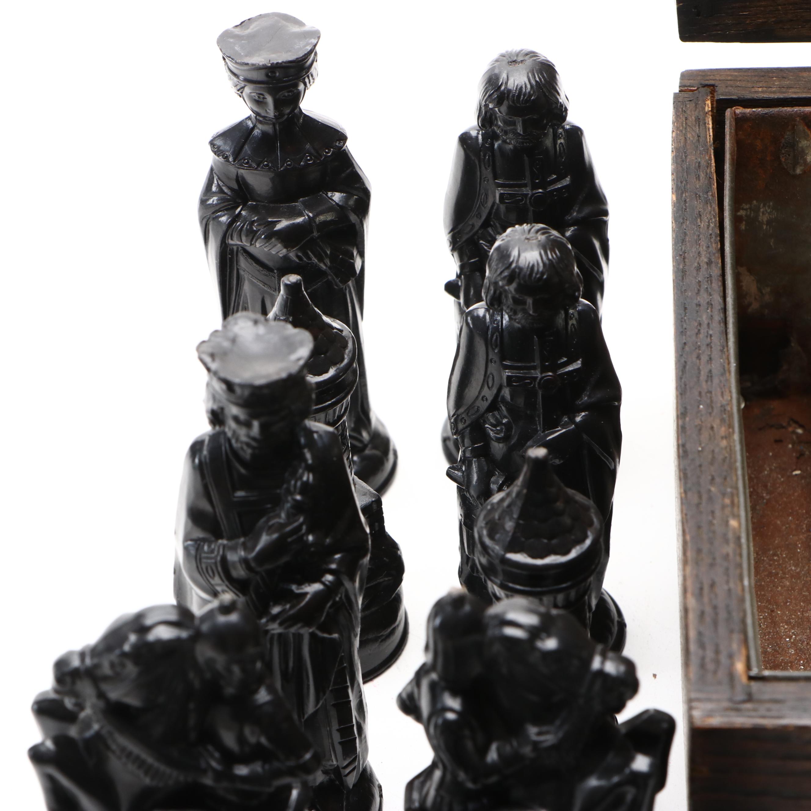 ANRI "Renaissance" Plastic Chess Set with Oak Humidor, Mid to Late 20th C