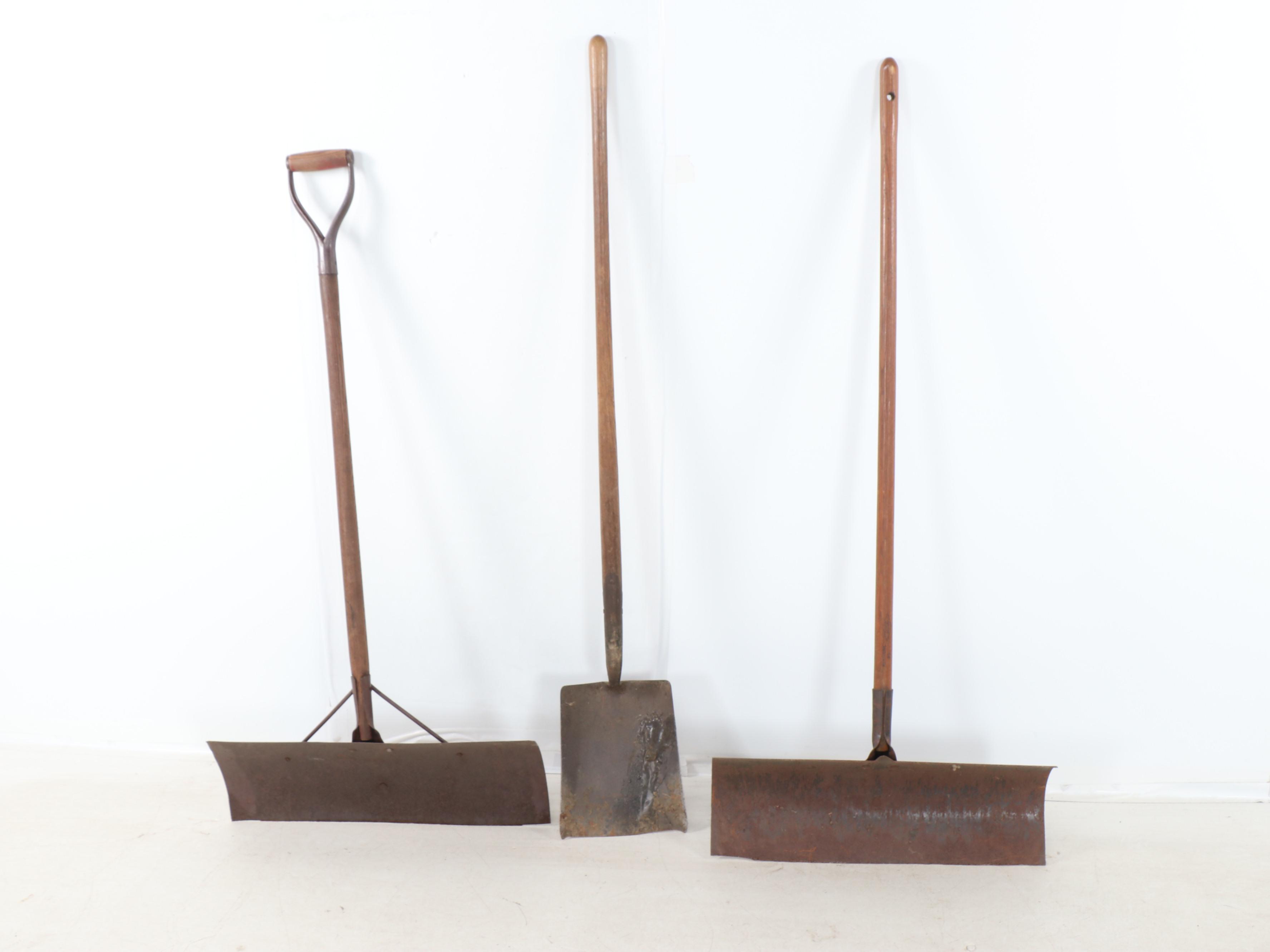 Yard Tools Including Snow Shovel, Spade Edger and Hoes