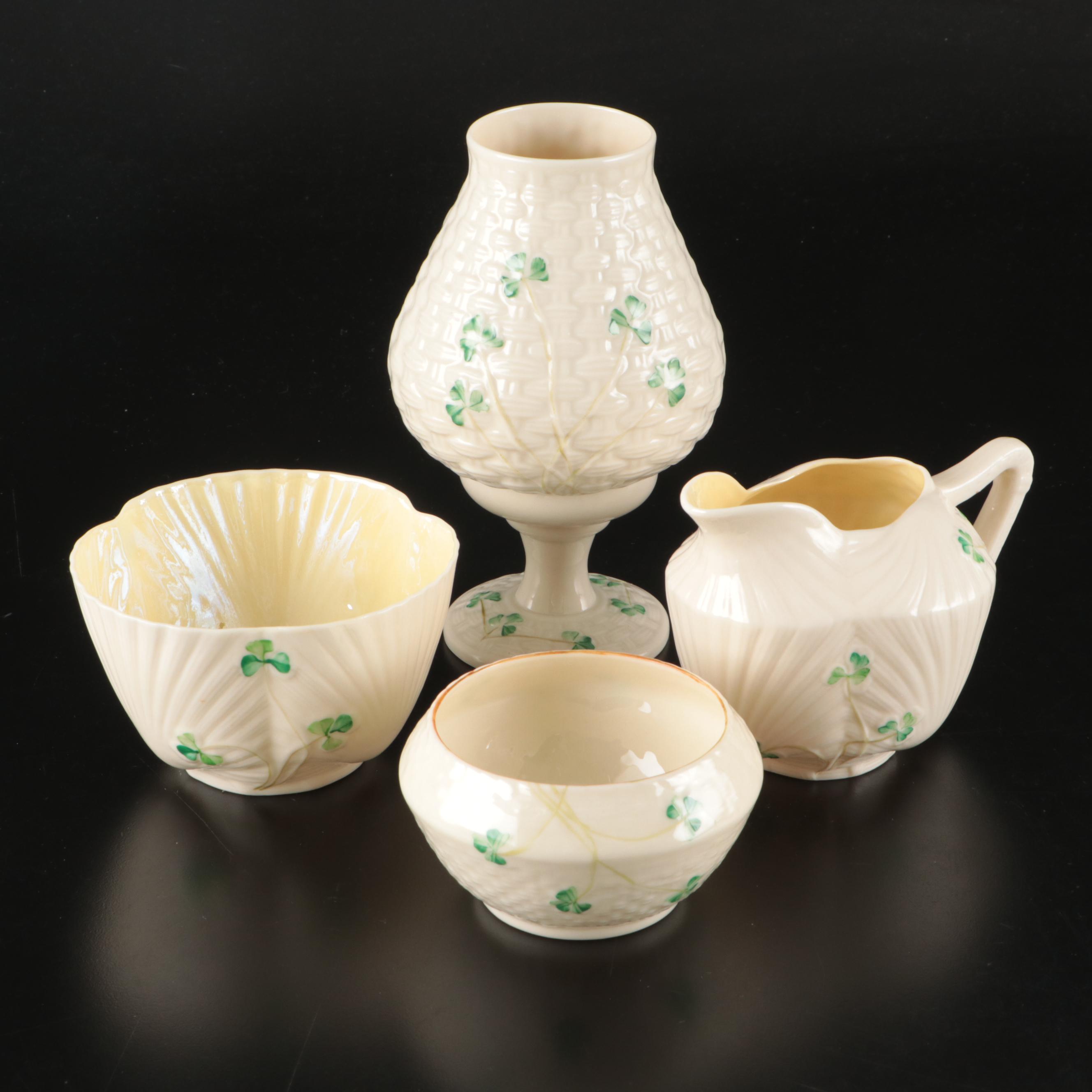 Belleek Porcelain "Harp Shamrock" Cream and Sugar Set with "Shamrock" Tableware