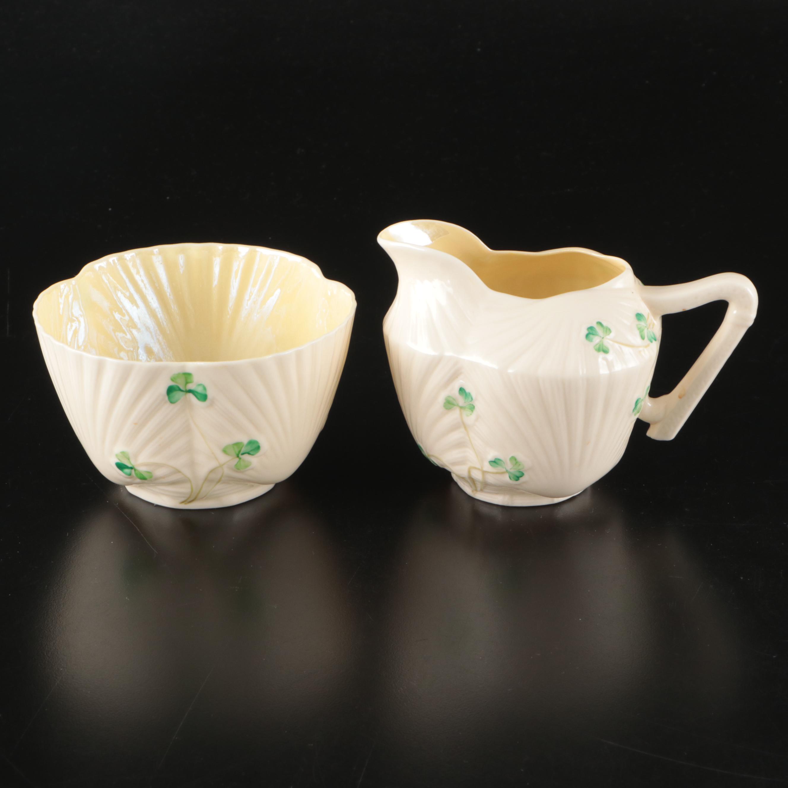 Belleek Porcelain "Harp Shamrock" Cream and Sugar Set with "Shamrock" Tableware