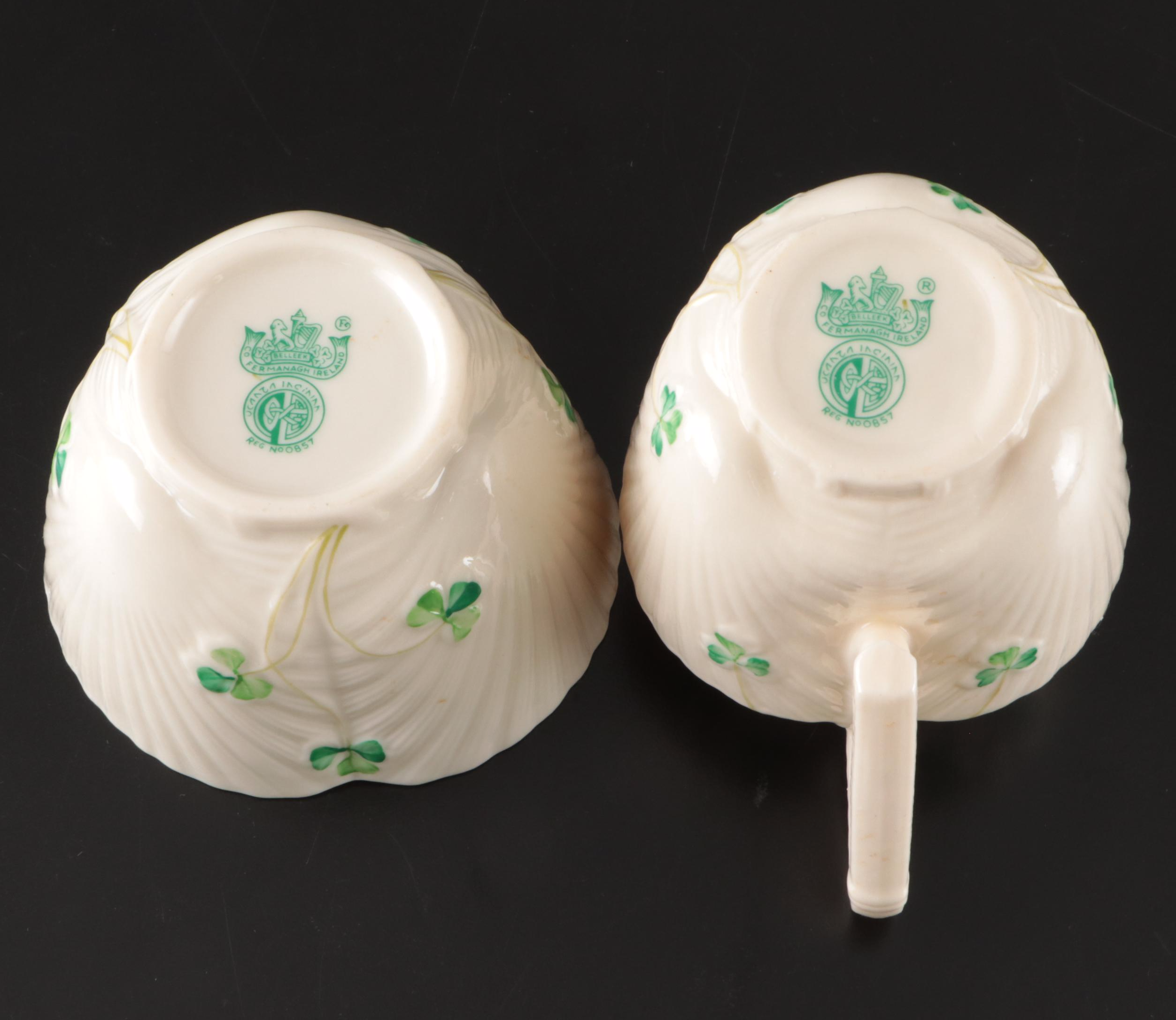 Belleek Porcelain "Harp Shamrock" Cream and Sugar Set with "Shamrock" Tableware