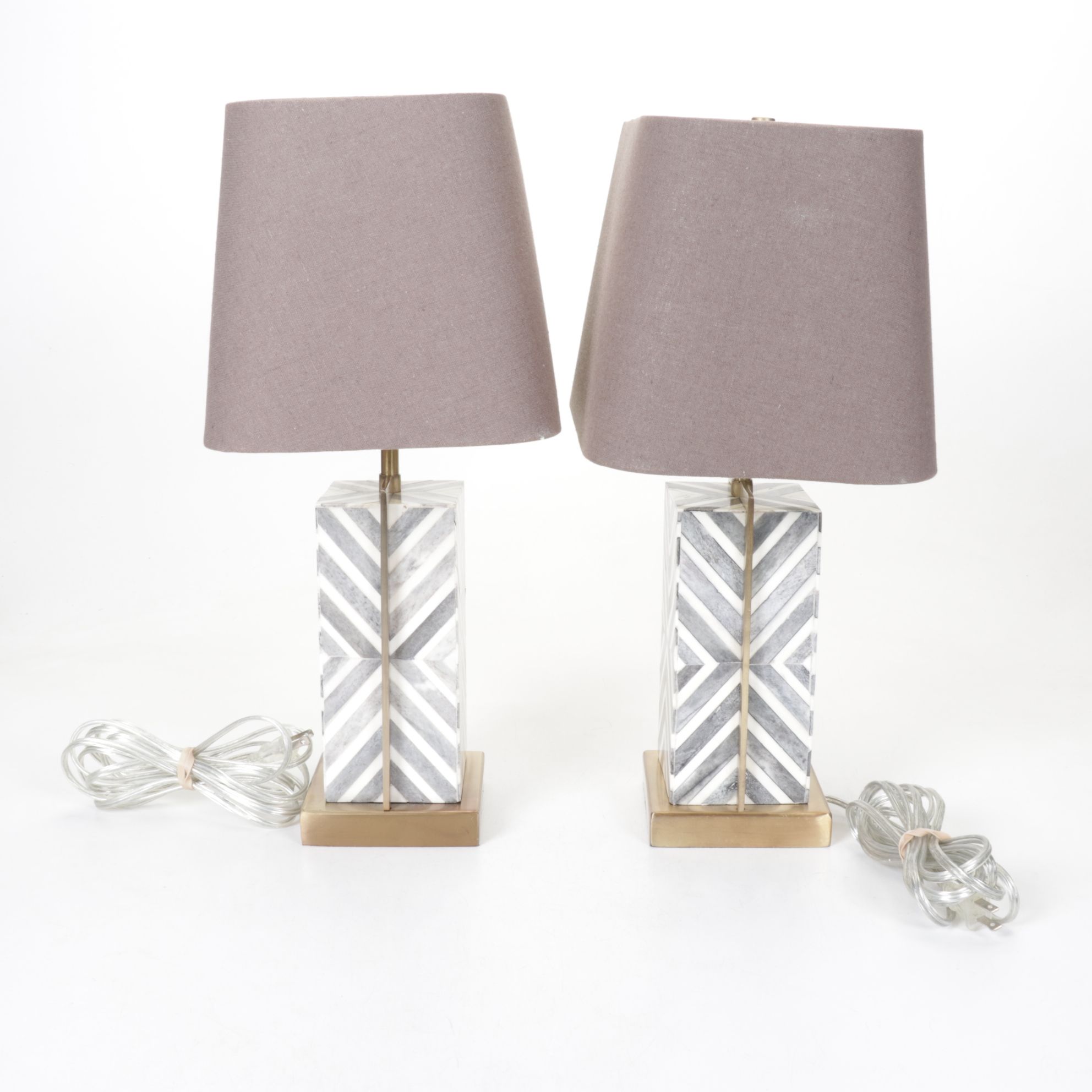 Postmodern Marble Chevron and Metal Frame Table Lamps & Drum Shades, 2014