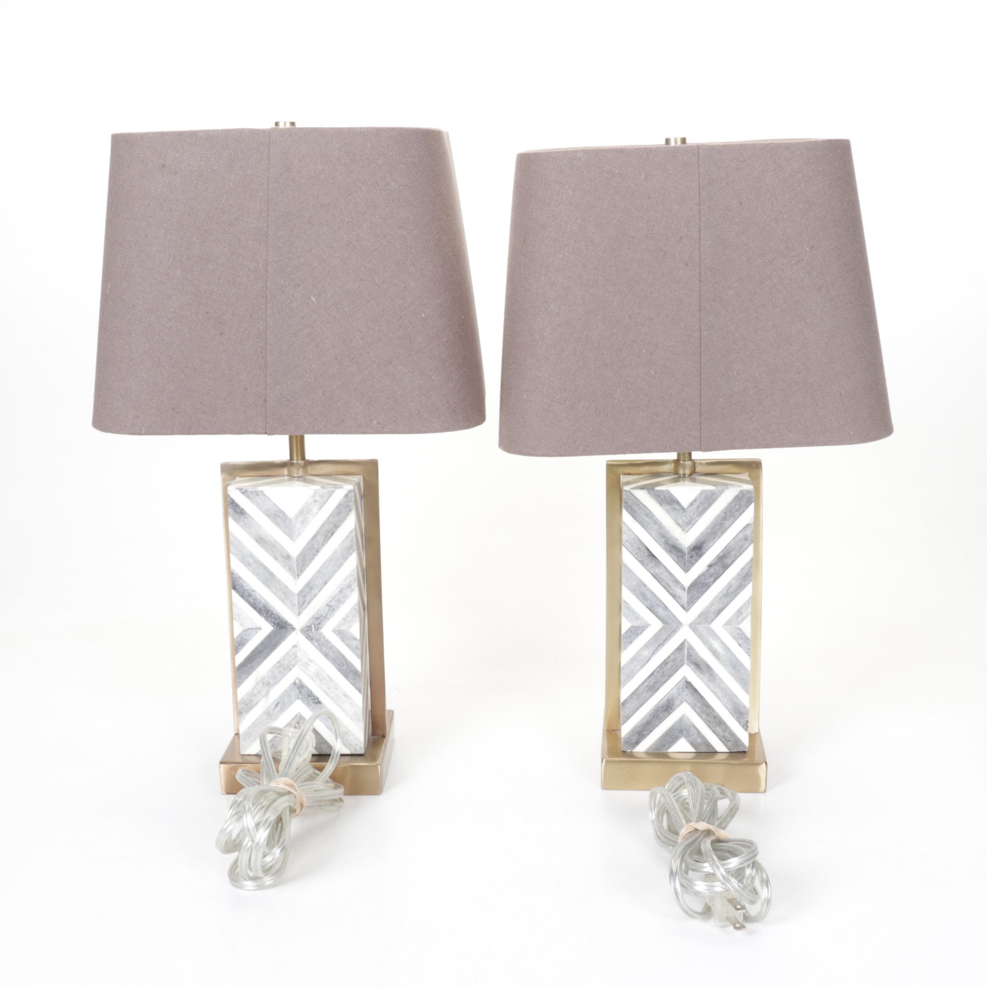 Postmodern Marble Chevron and Metal Frame Table Lamps & Drum Shades, 2014