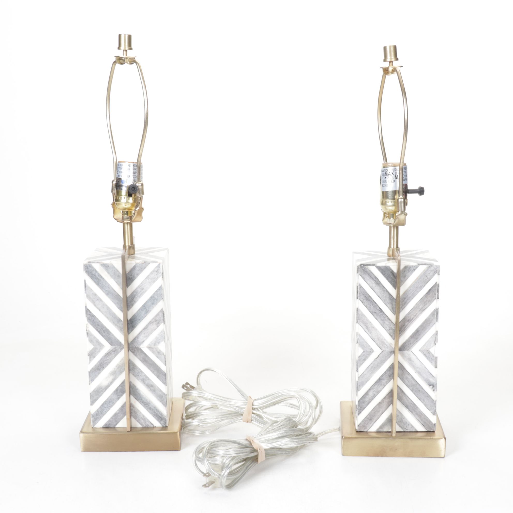 Postmodern Marble Chevron and Metal Frame Table Lamps & Drum Shades, 2014