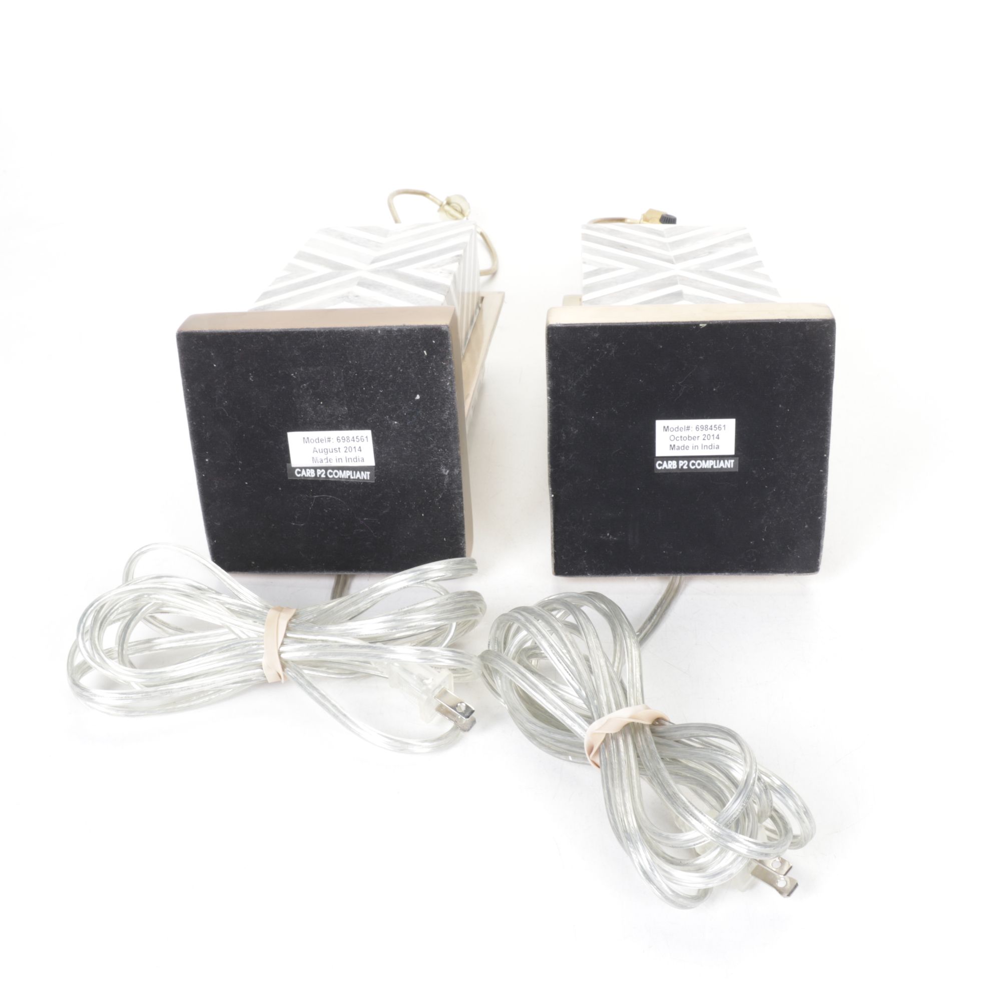 Postmodern Marble Chevron and Metal Frame Table Lamps & Drum Shades, 2014