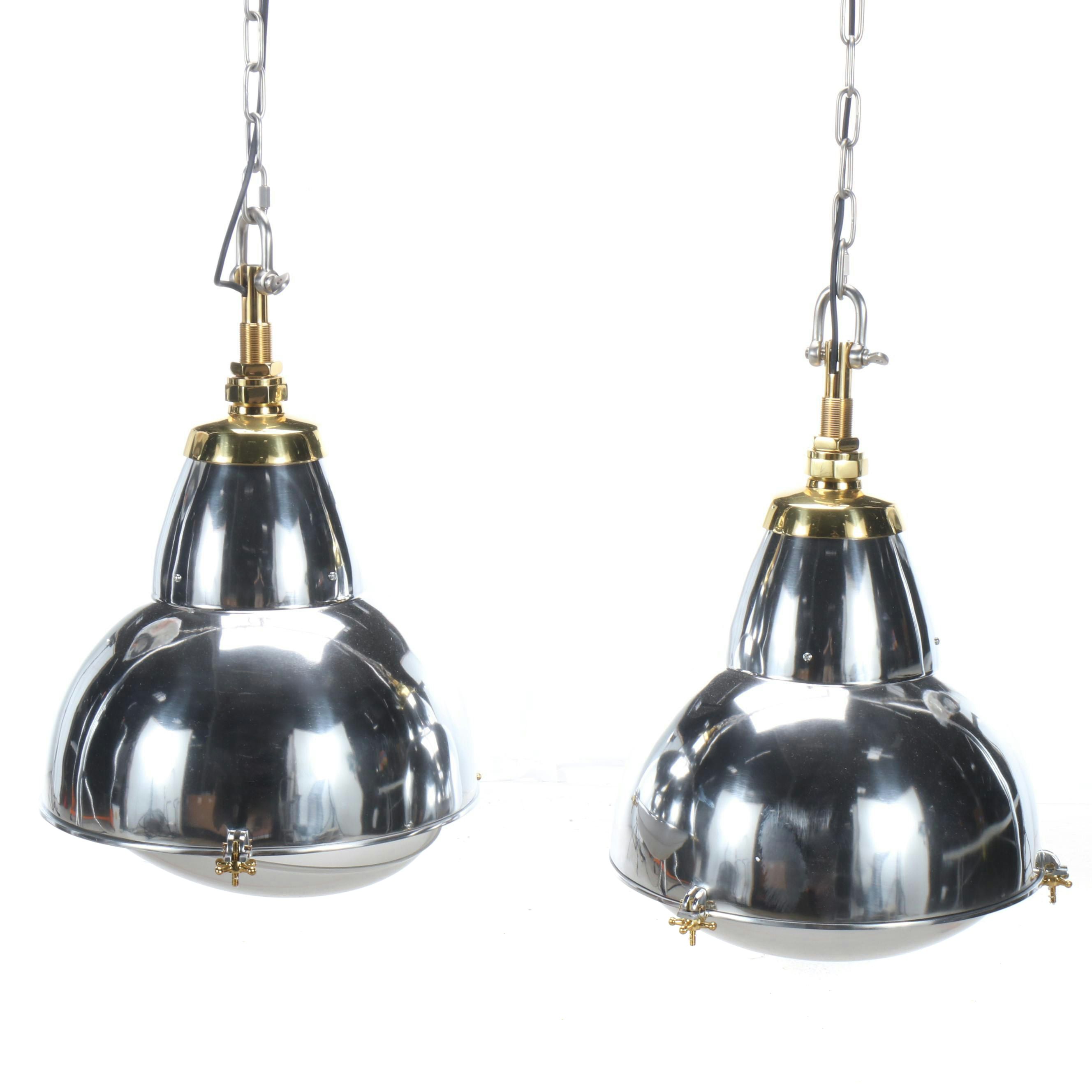 Large Nautical Style Brass and Steel Pendant Work Lights