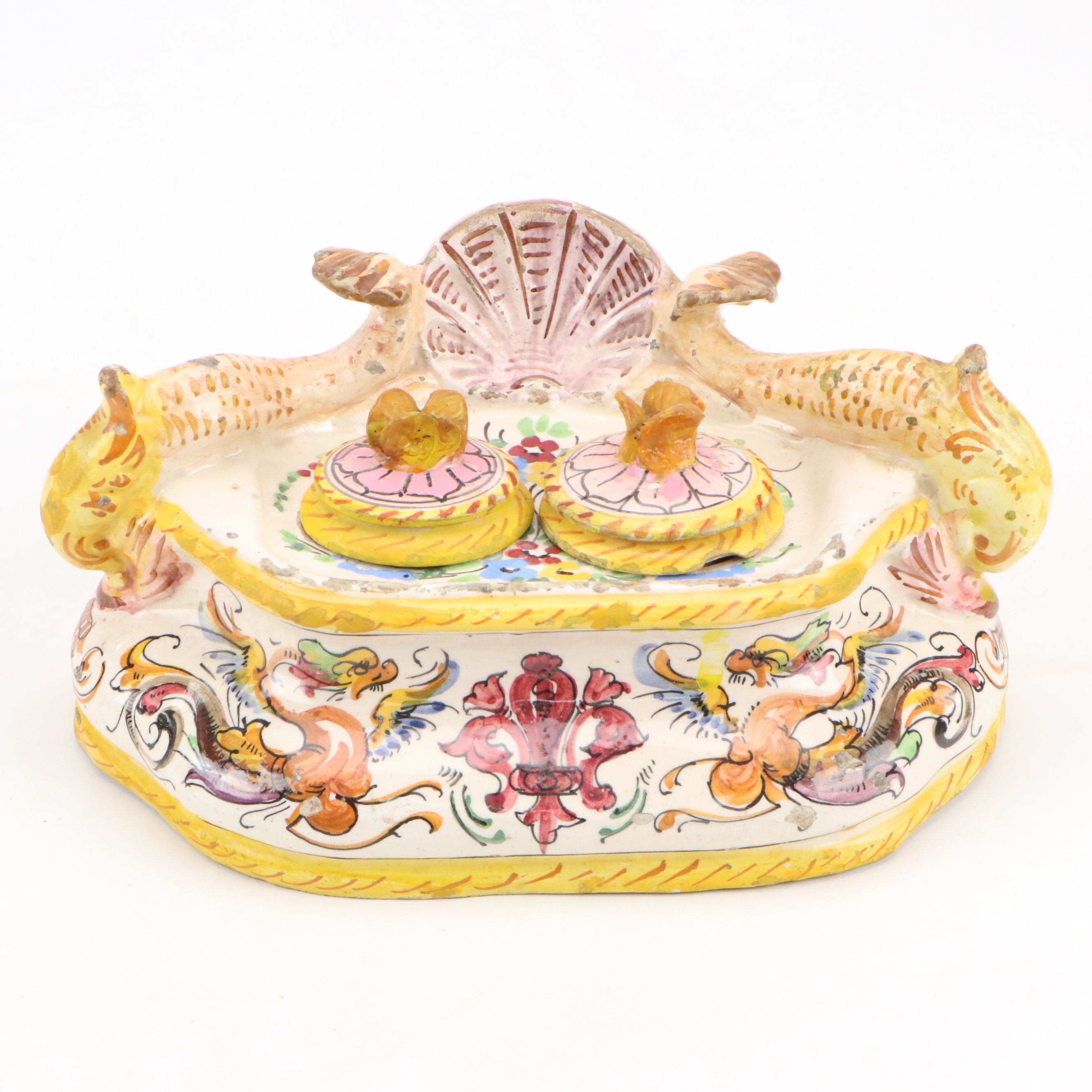 Italian Faience Dolphin-Handled Double Inkwell, 20th Century