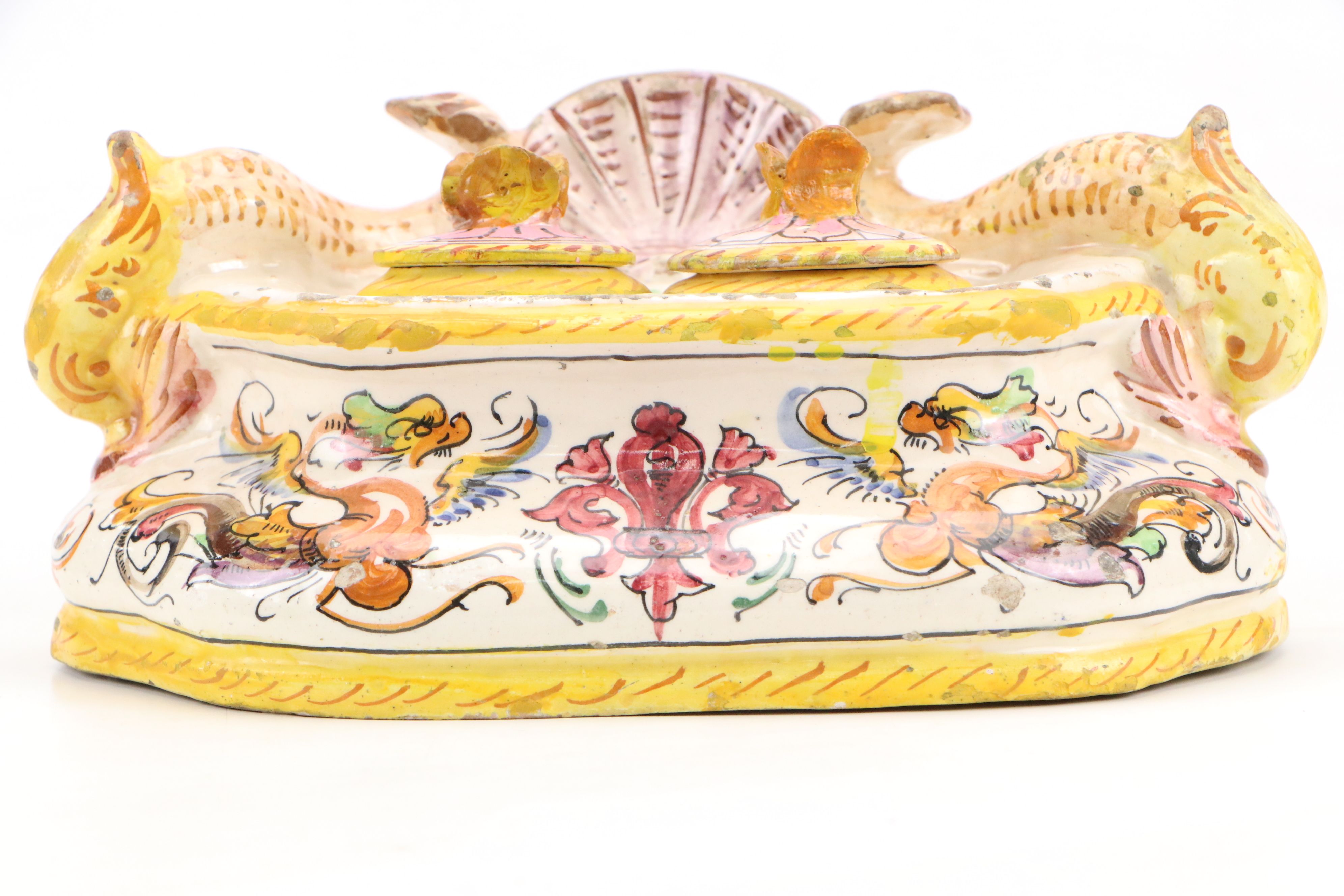 Italian Faience Dolphin-Handled Double Inkwell, 20th Century