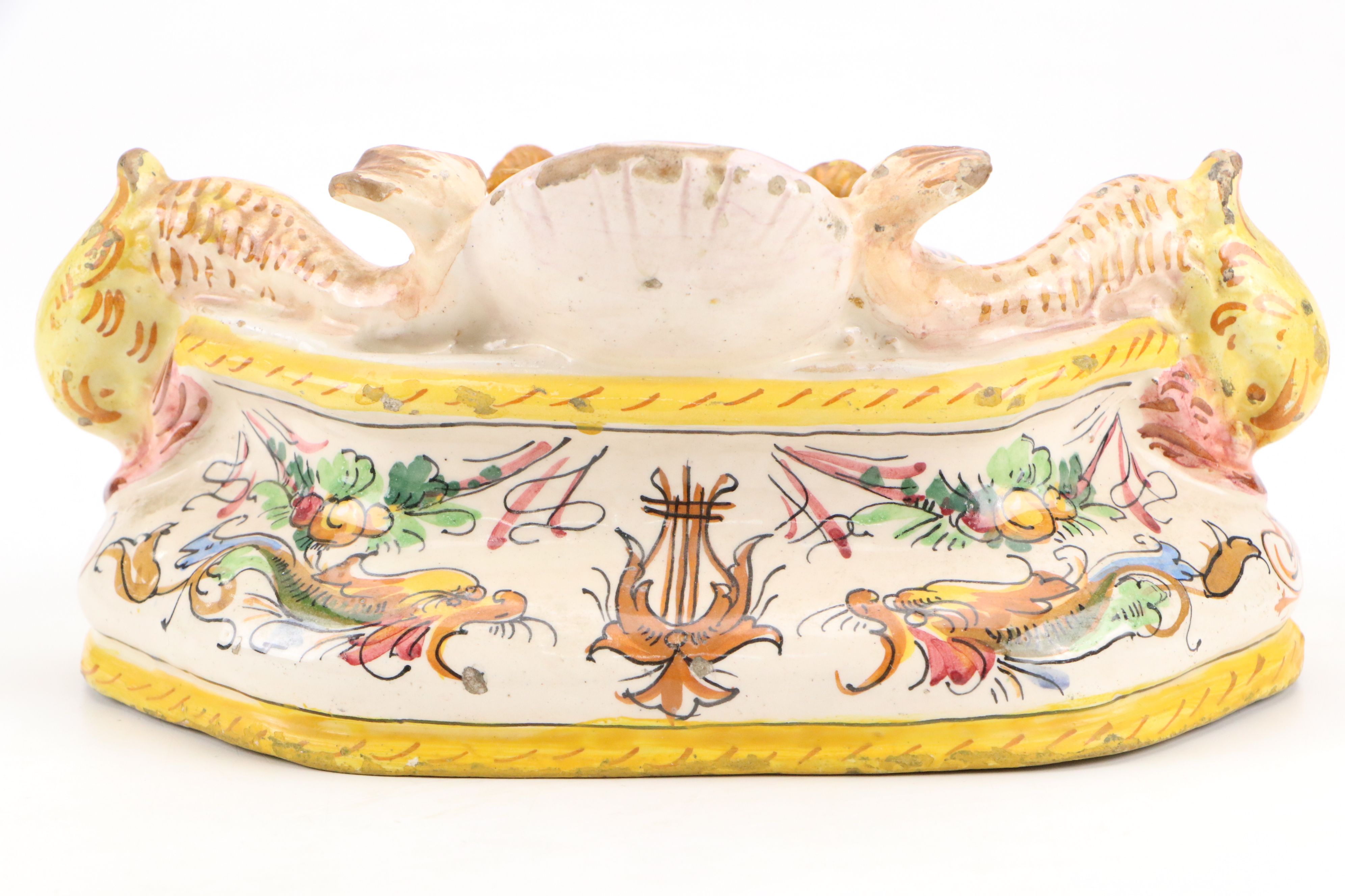 Italian Faience Dolphin-Handled Double Inkwell, 20th Century