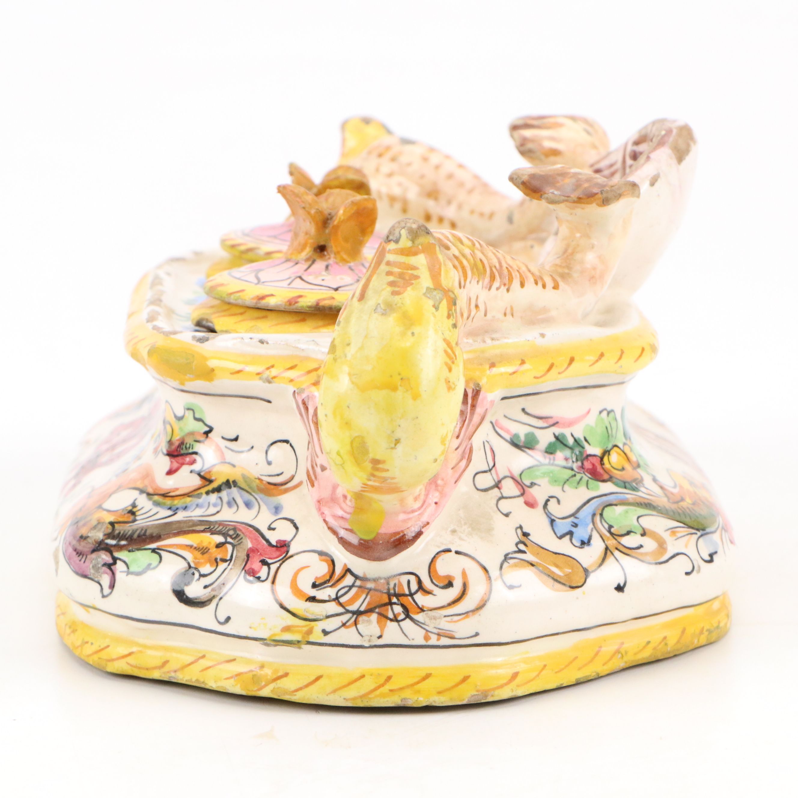 Italian Faience Dolphin-Handled Double Inkwell, 20th Century