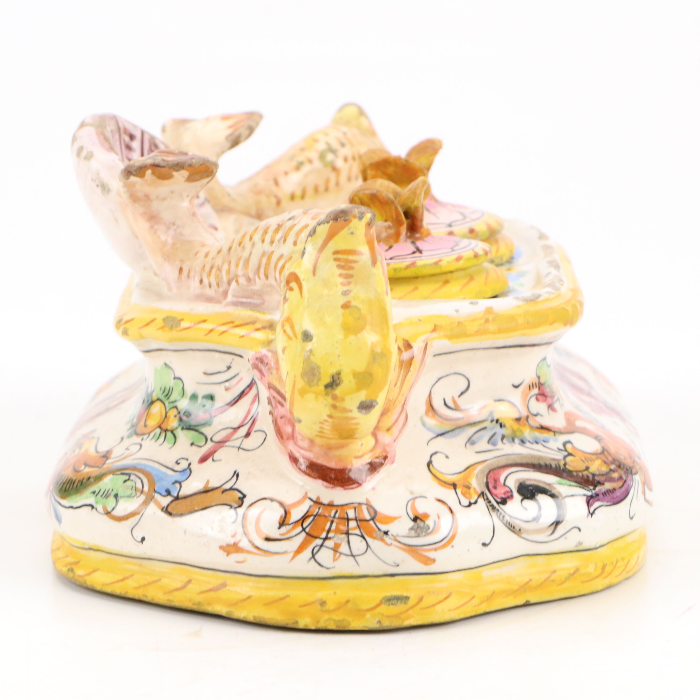 Italian Faience Dolphin-Handled Double Inkwell, 20th Century
