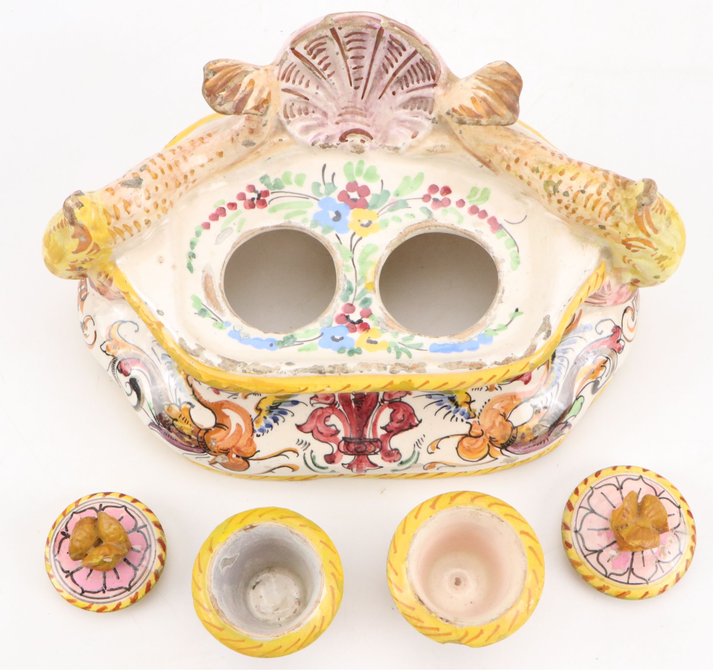 Italian Faience Dolphin-Handled Double Inkwell, 20th Century