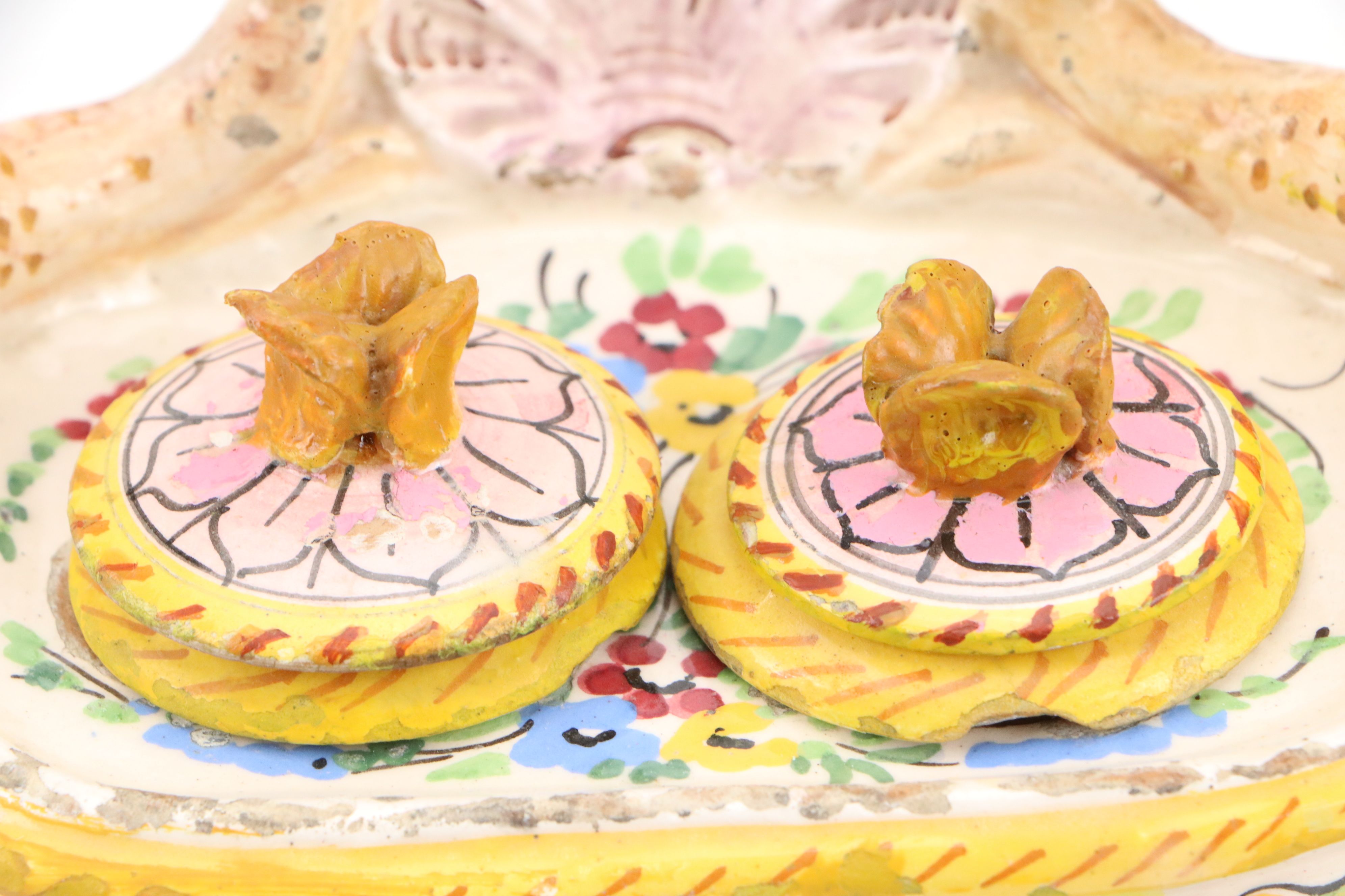 Italian Faience Dolphin-Handled Double Inkwell, 20th Century