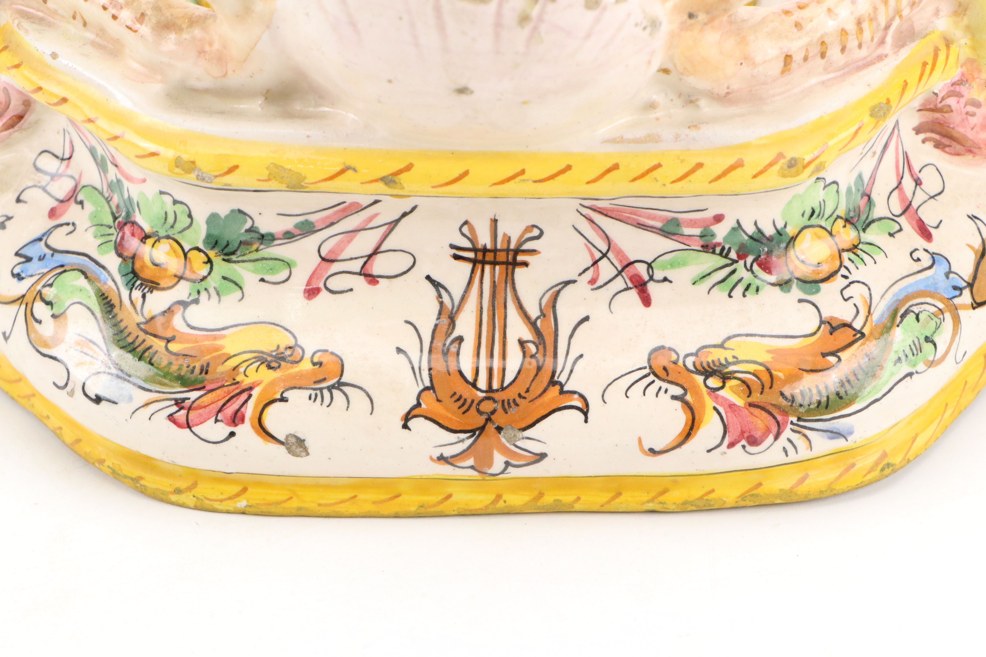 Italian Faience Dolphin-Handled Double Inkwell, 20th Century