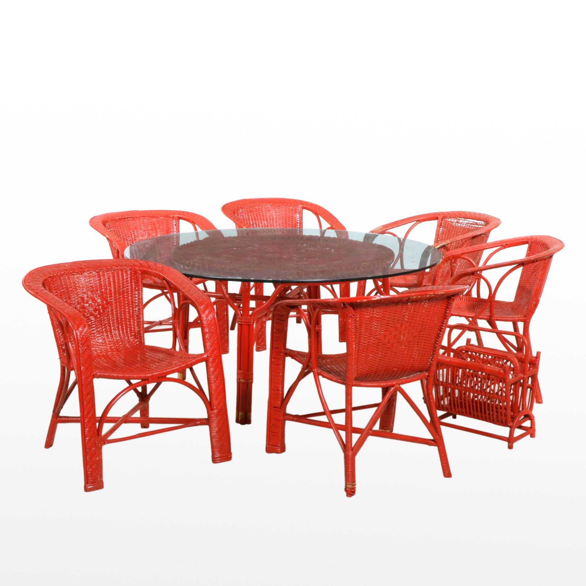 Red Painted Rattan Wicker Dining Table with Glass Top and Six Chairs