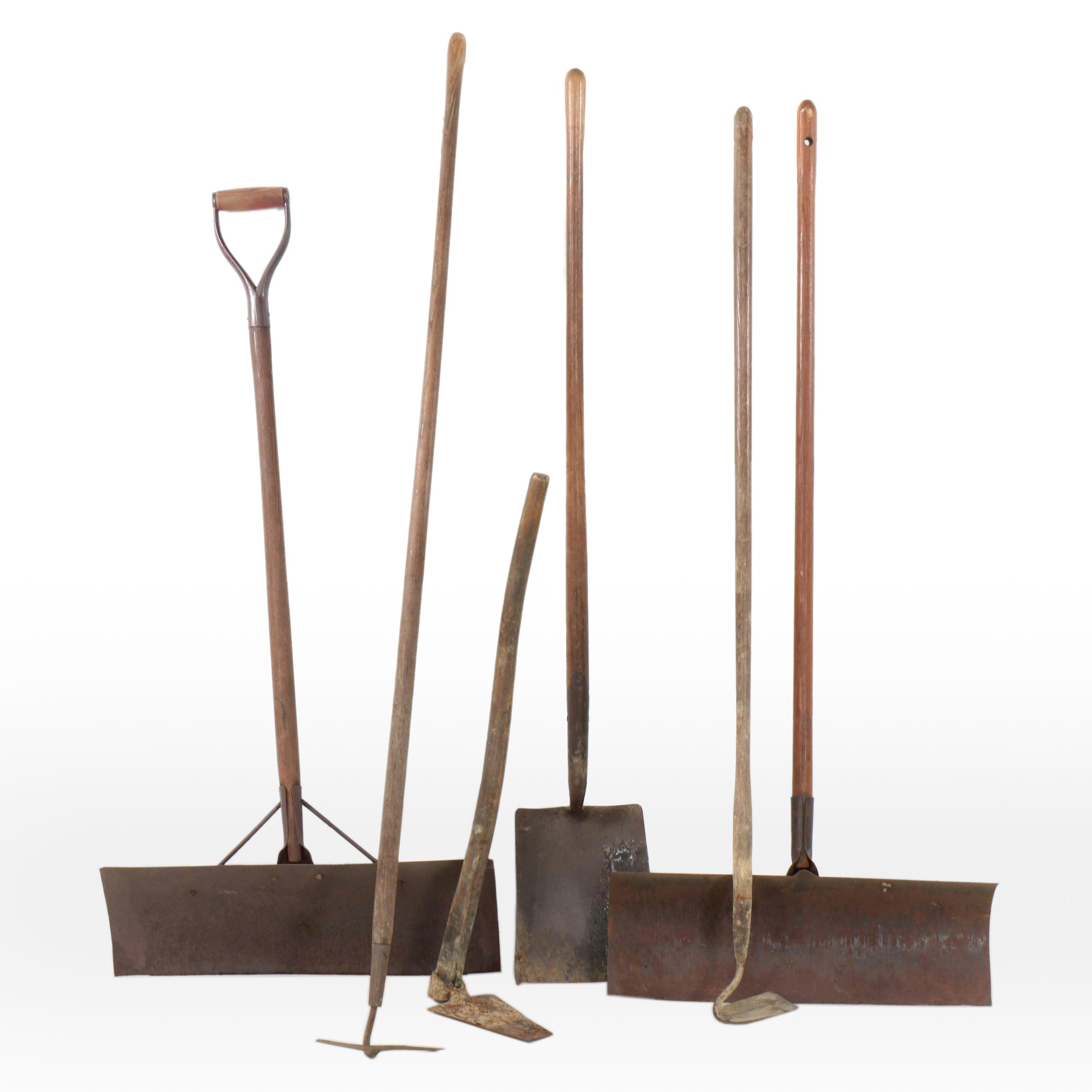 Yard Tools Including Snow Shovel, Spade Edger and Hoes
