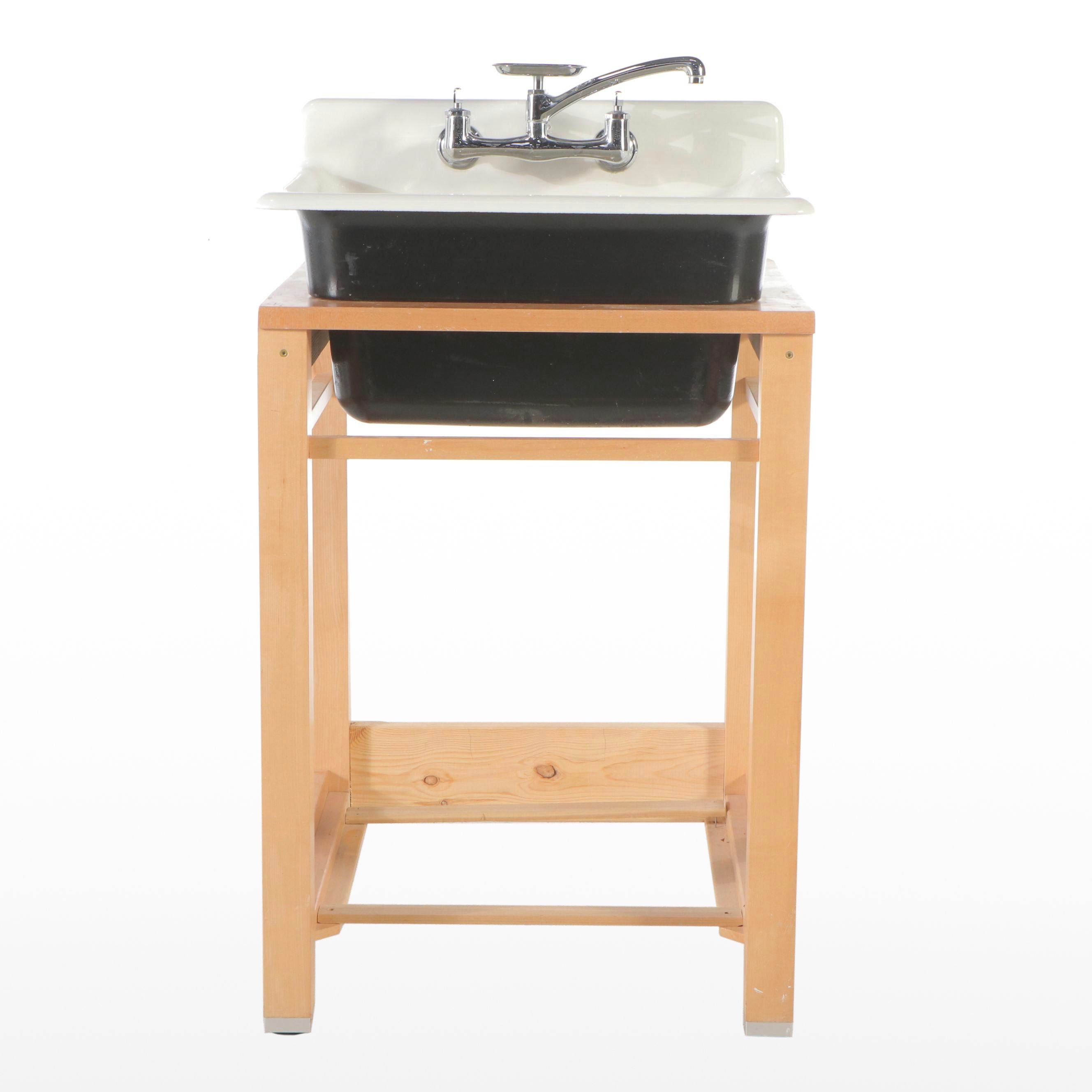 White Enameled Cast Iron Utility Sink in Wood Frame