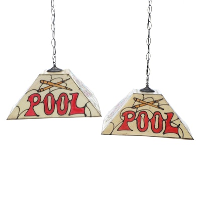 Pool Table Acrylic Faux Slag Glass Pendant Lights, Vintage Pool Table Acrylic Faux Slag Glass Pendant Lights, Vintage