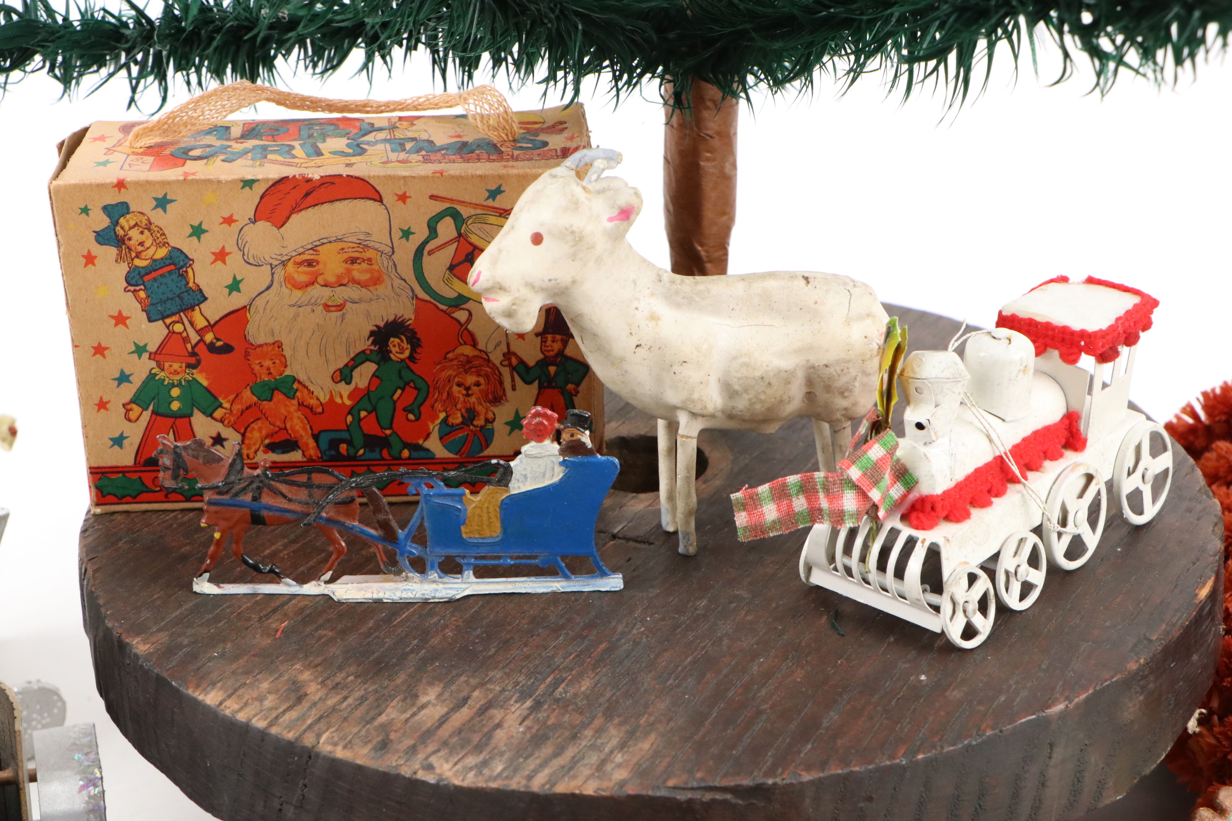 Victorian Style Feather Tree with German Zinnfigur and Other Holiday Decor