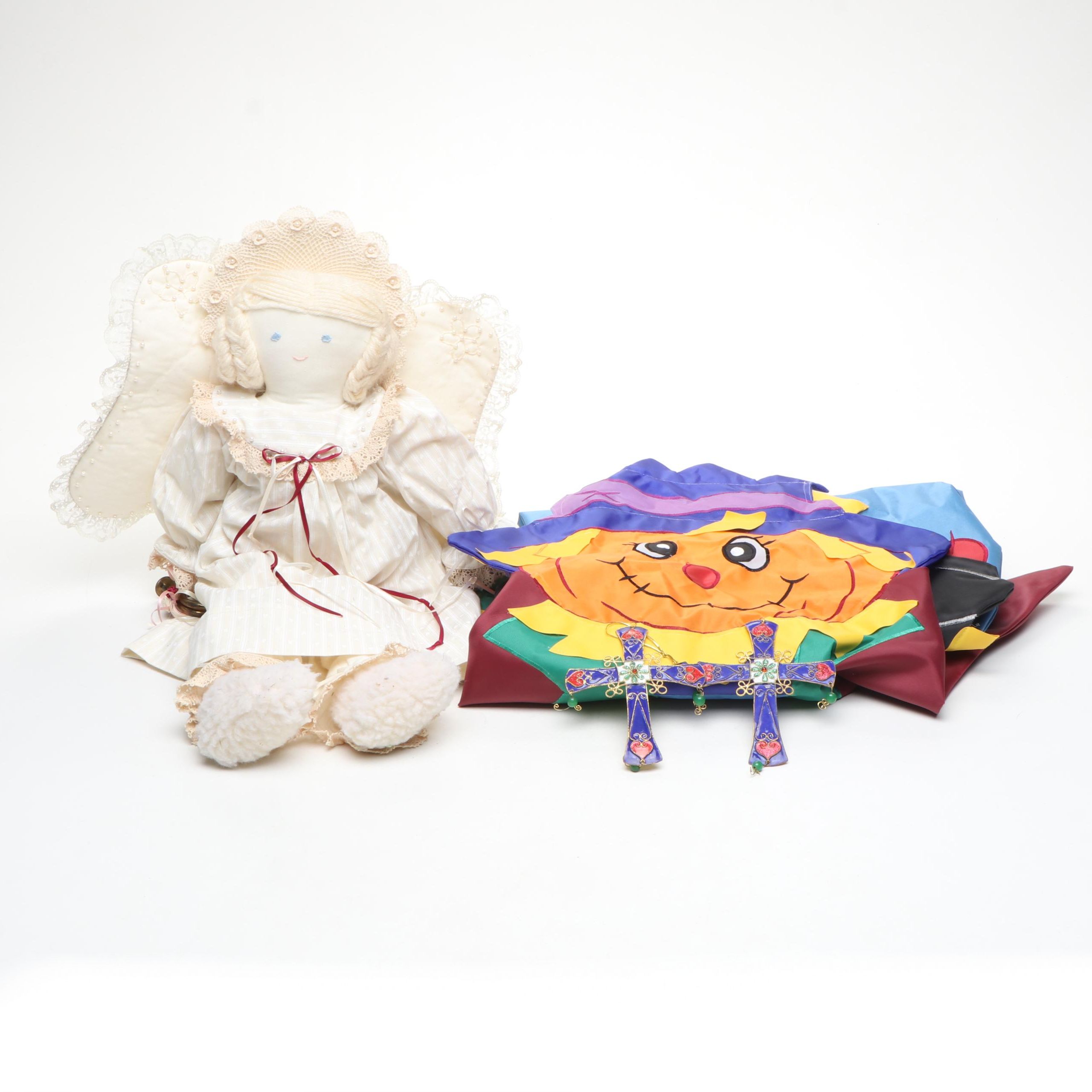 Cloth Angel Doll with Season Flag and Metal Crosses