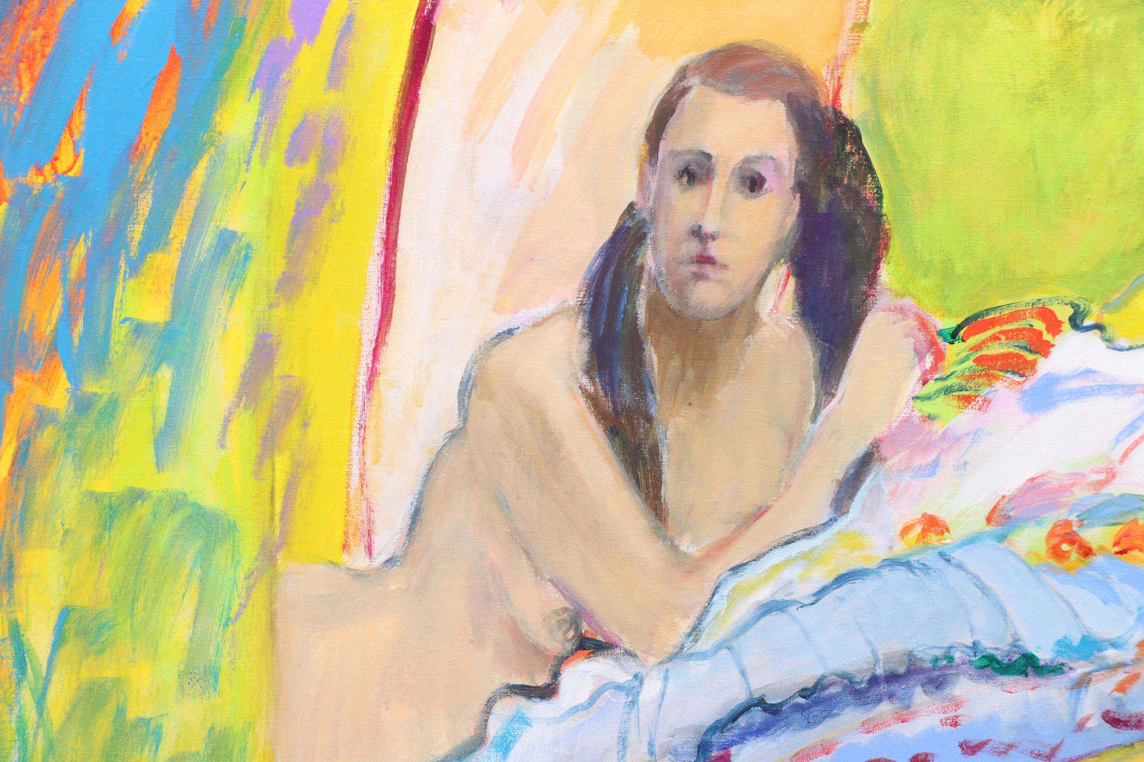 Vibrant Nude Figural Acrylic Painting with Woman and Mirror